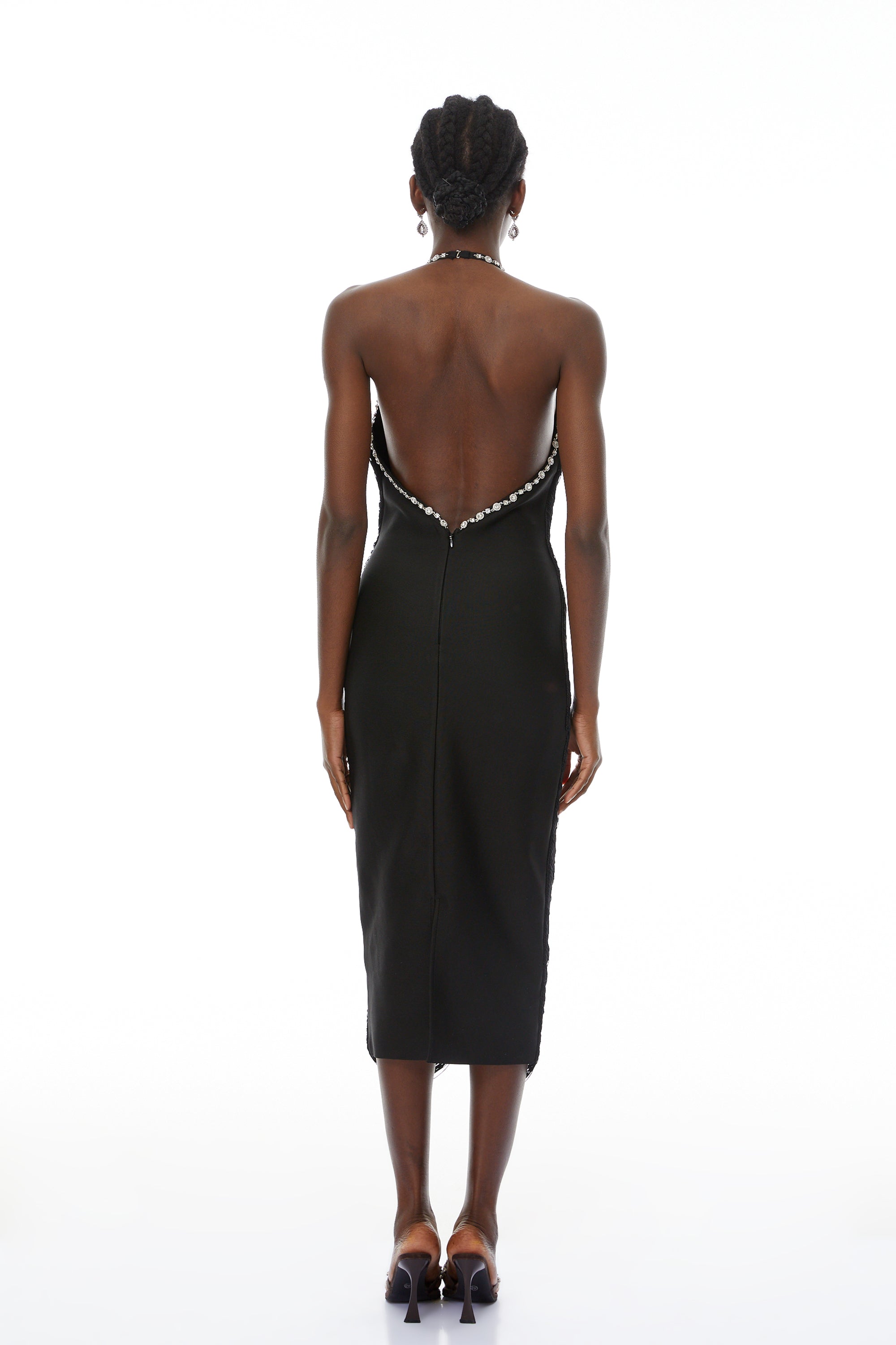 Grazia Black Halterneck Embellished Fringed Midi Dress