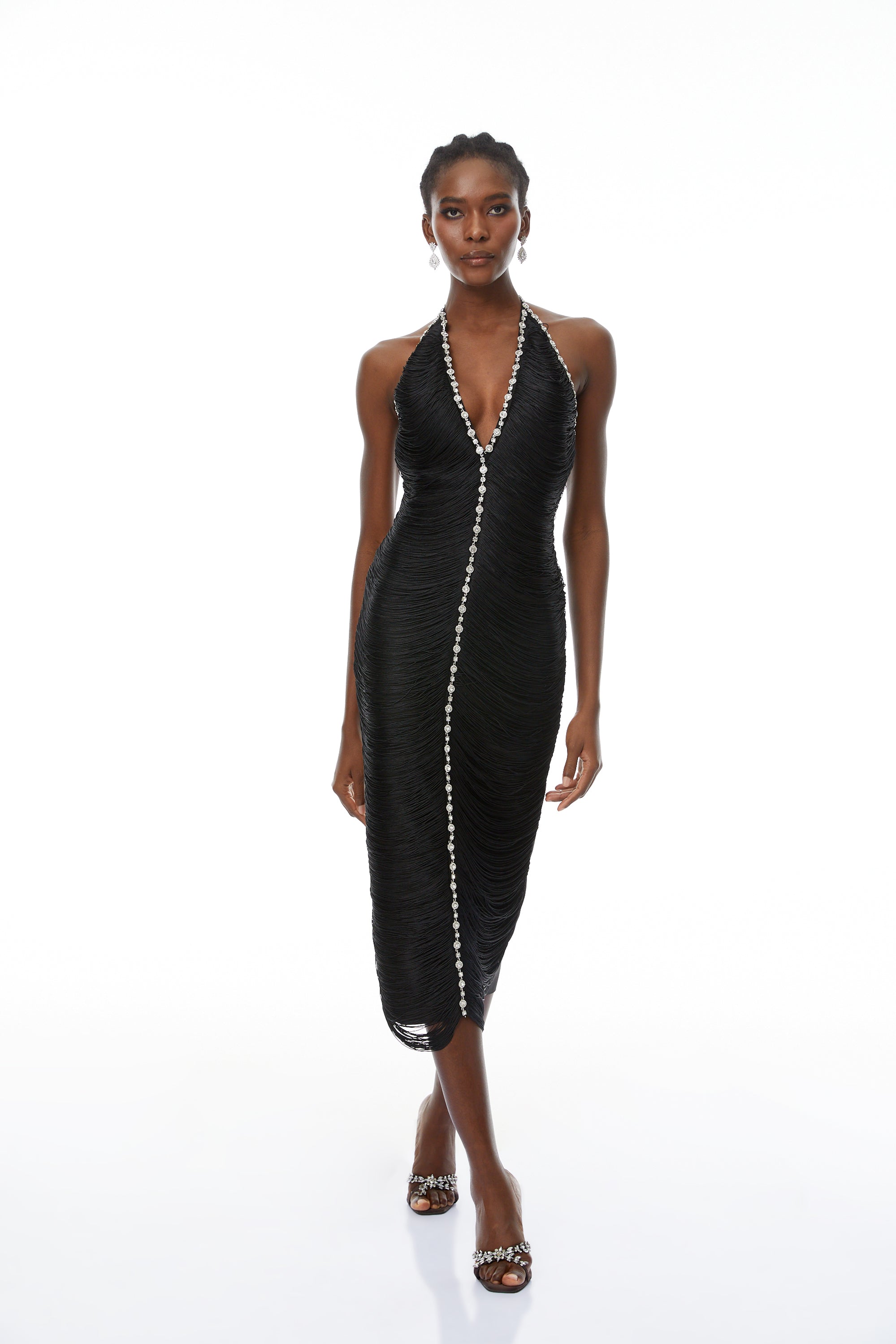 Grazia Black Halterneck Embellished Fringed Midi Dress