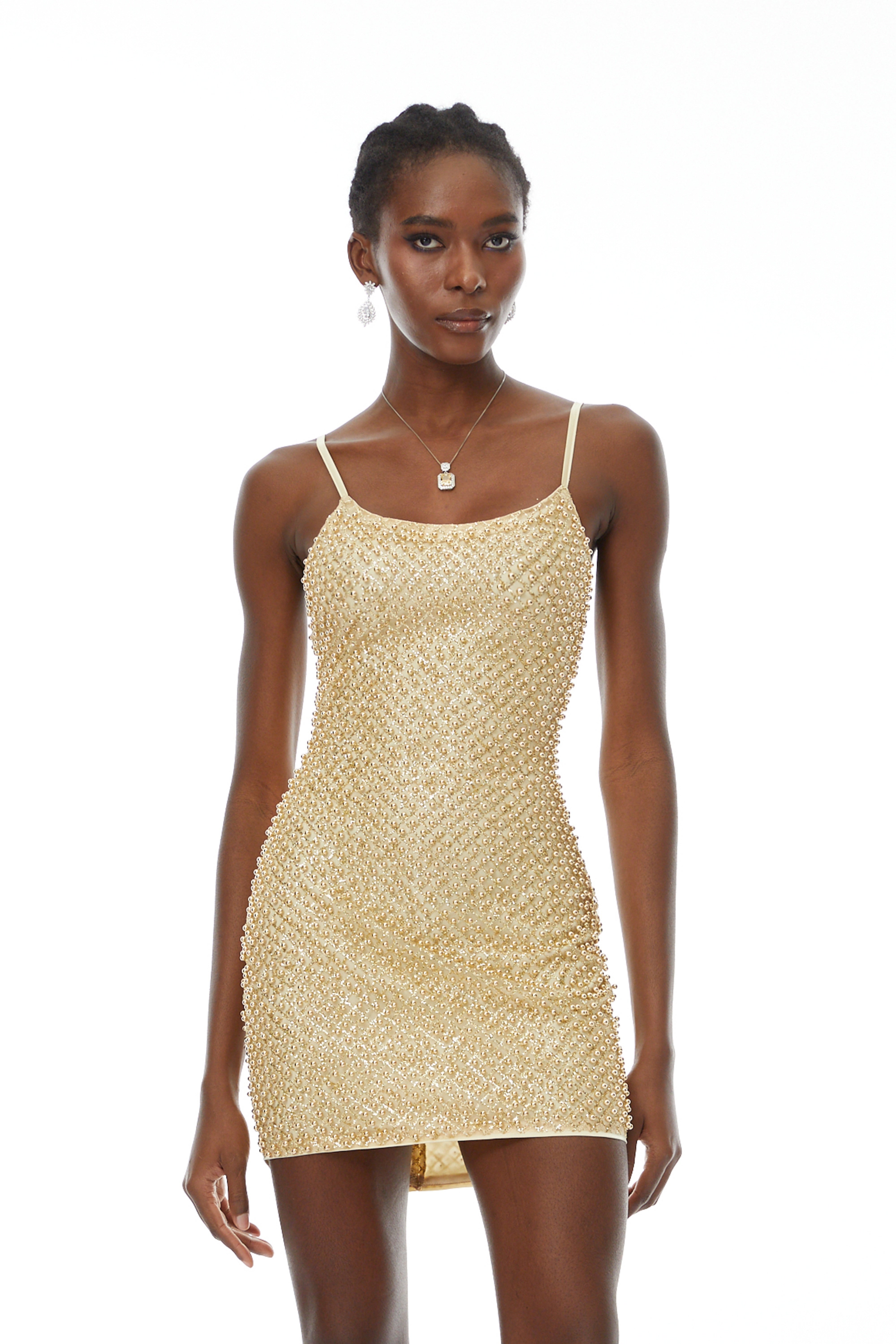 Gaia Gold Beaded Bodycon Mini Dress