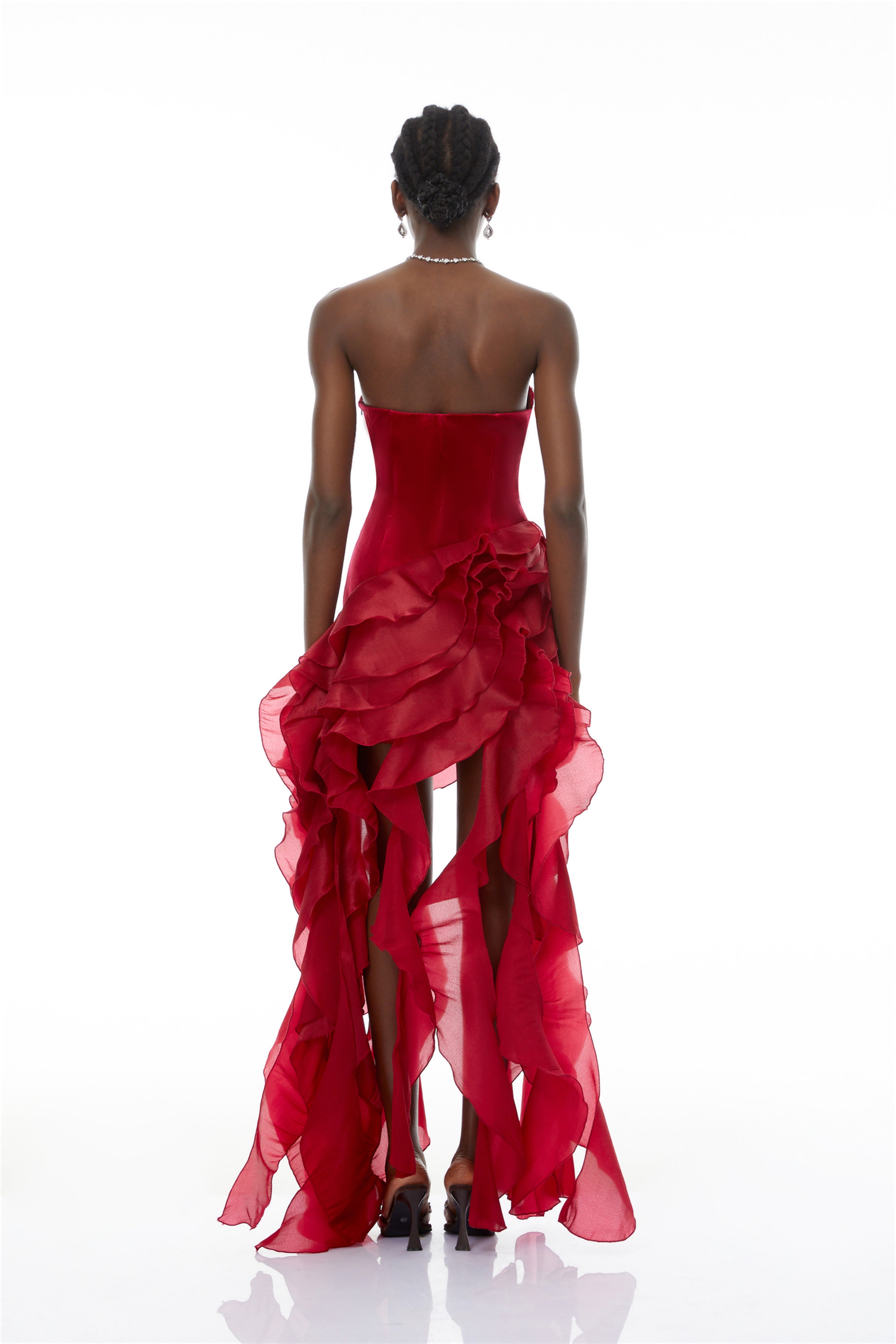 Lunetta Red Strapless Ruffled Maxi Dress