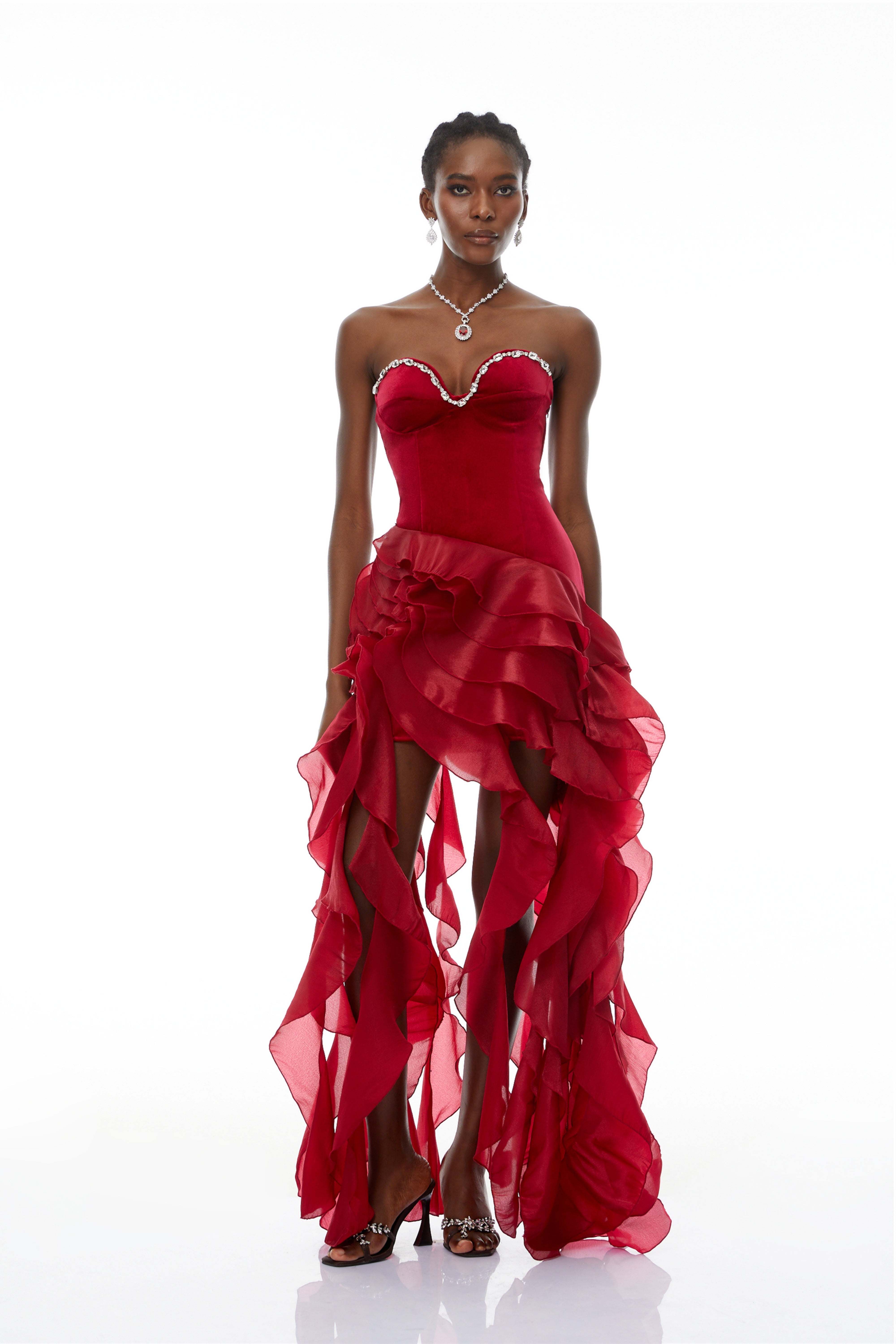 Lunetta Red Strapless Ruffled Maxi Dress