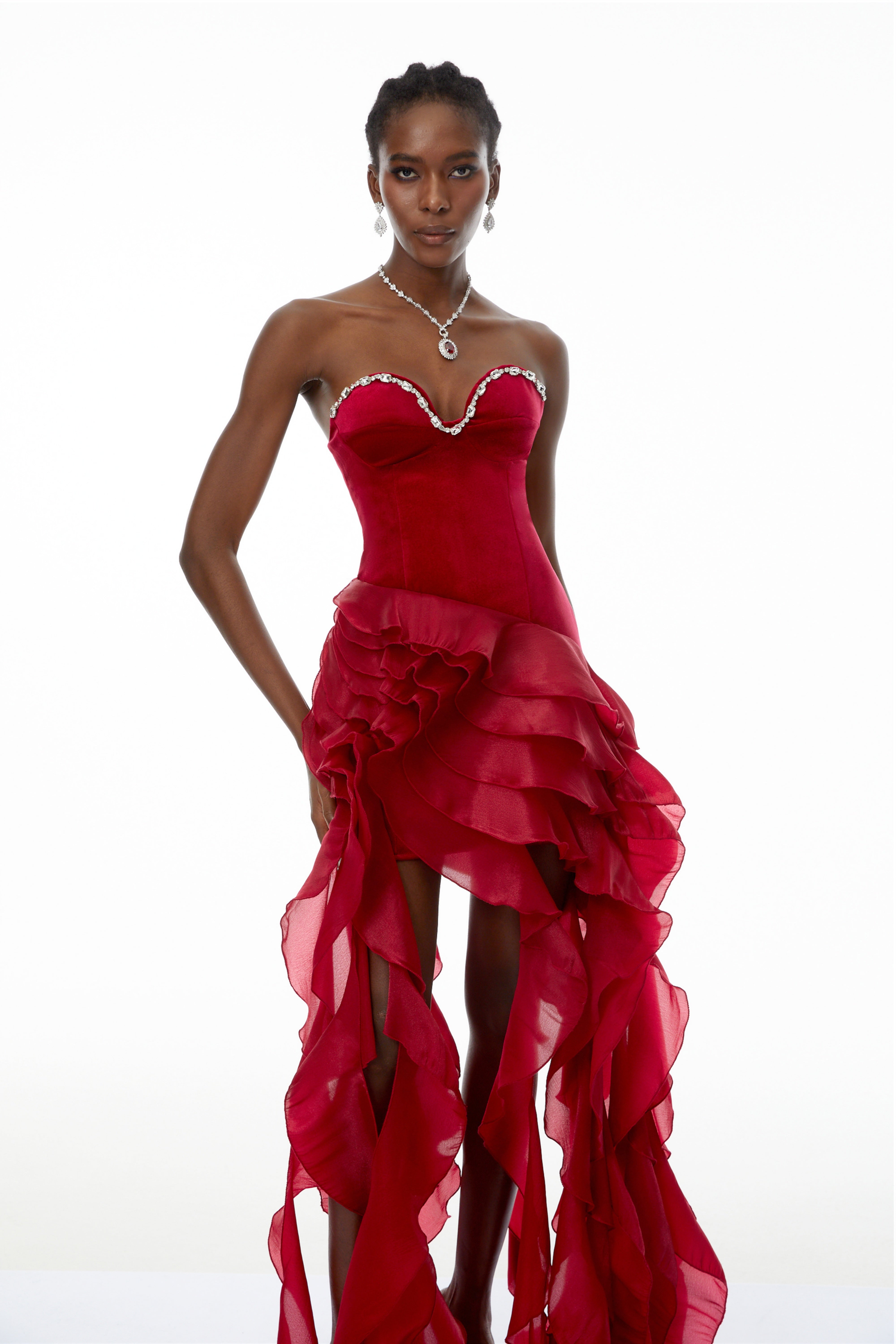 Lunetta Red Strapless Ruffled Maxi Dress