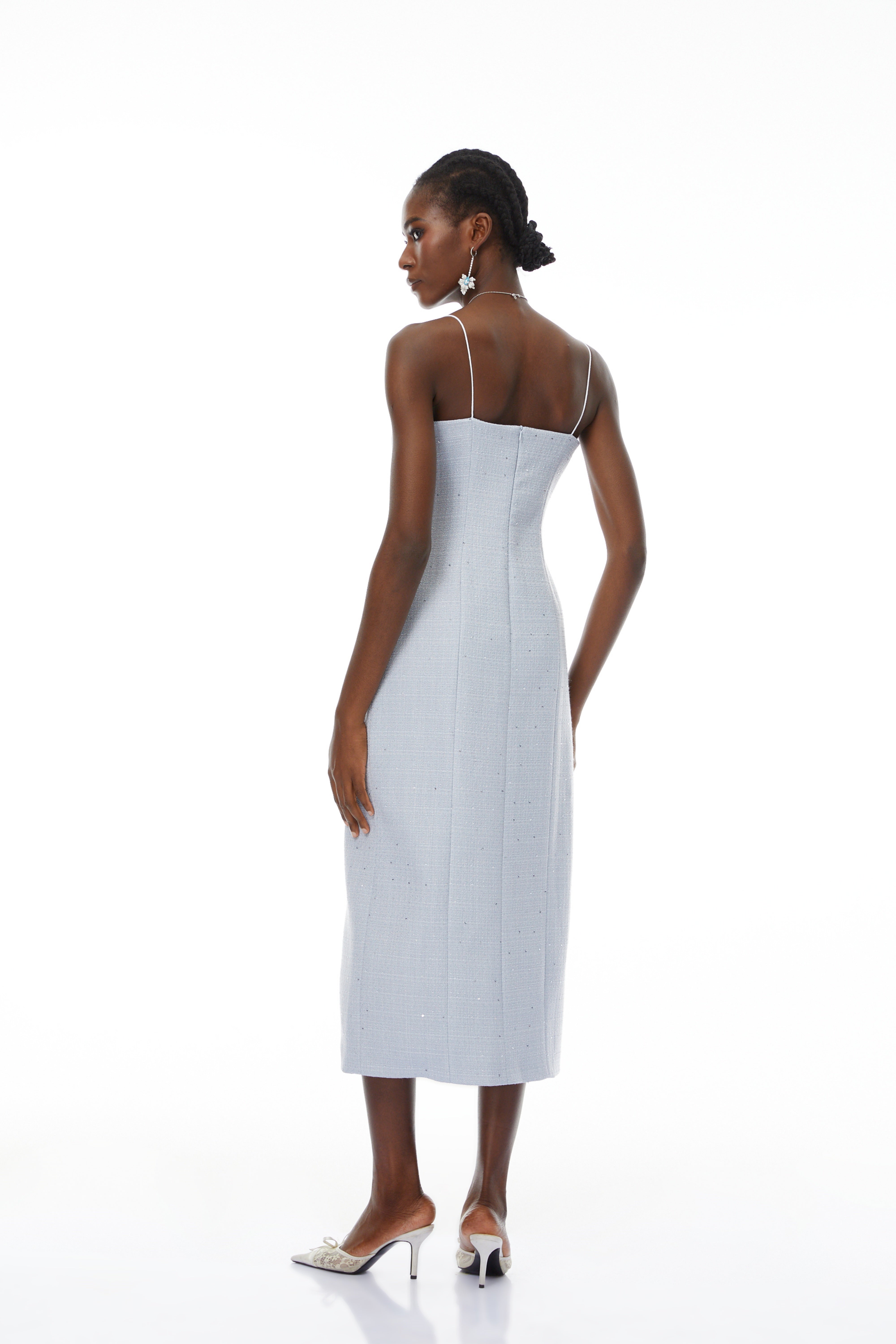 Célia Blue Tweed Midi Dress with Petal Trim