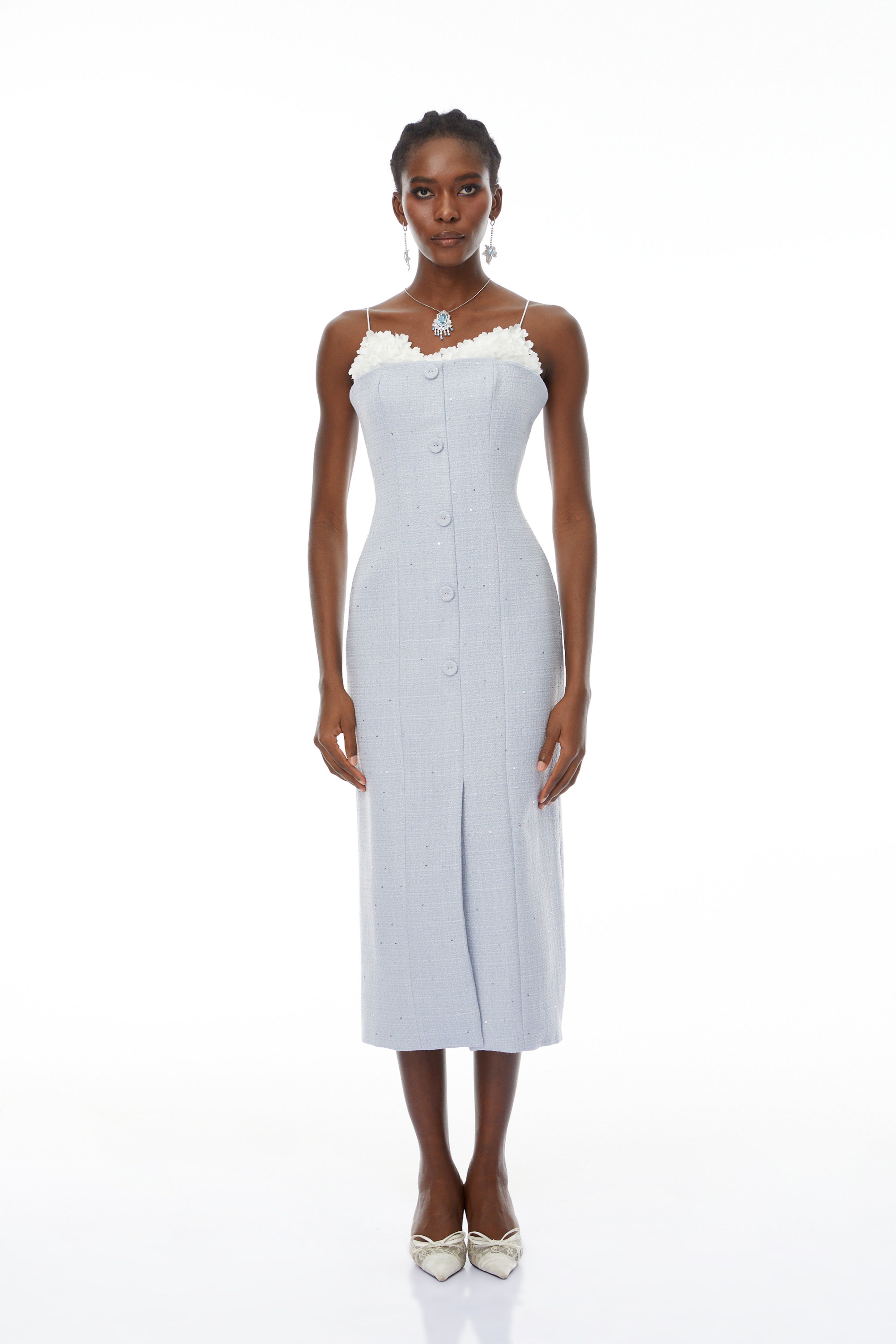 Célia Blue Tweed Midi Dress with Petal Trim