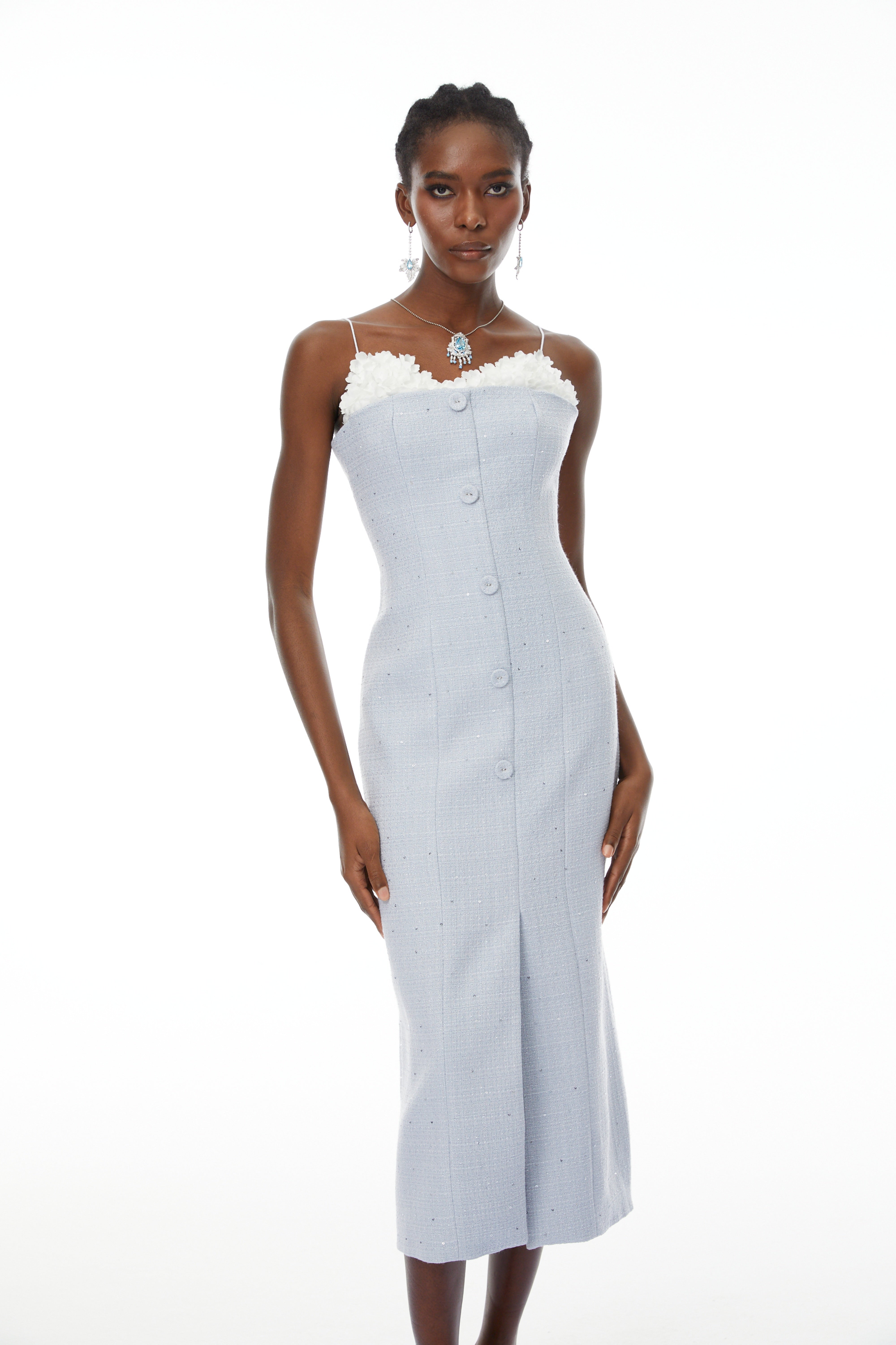 Célia Blue Tweed Midi Dress with Petal Trim