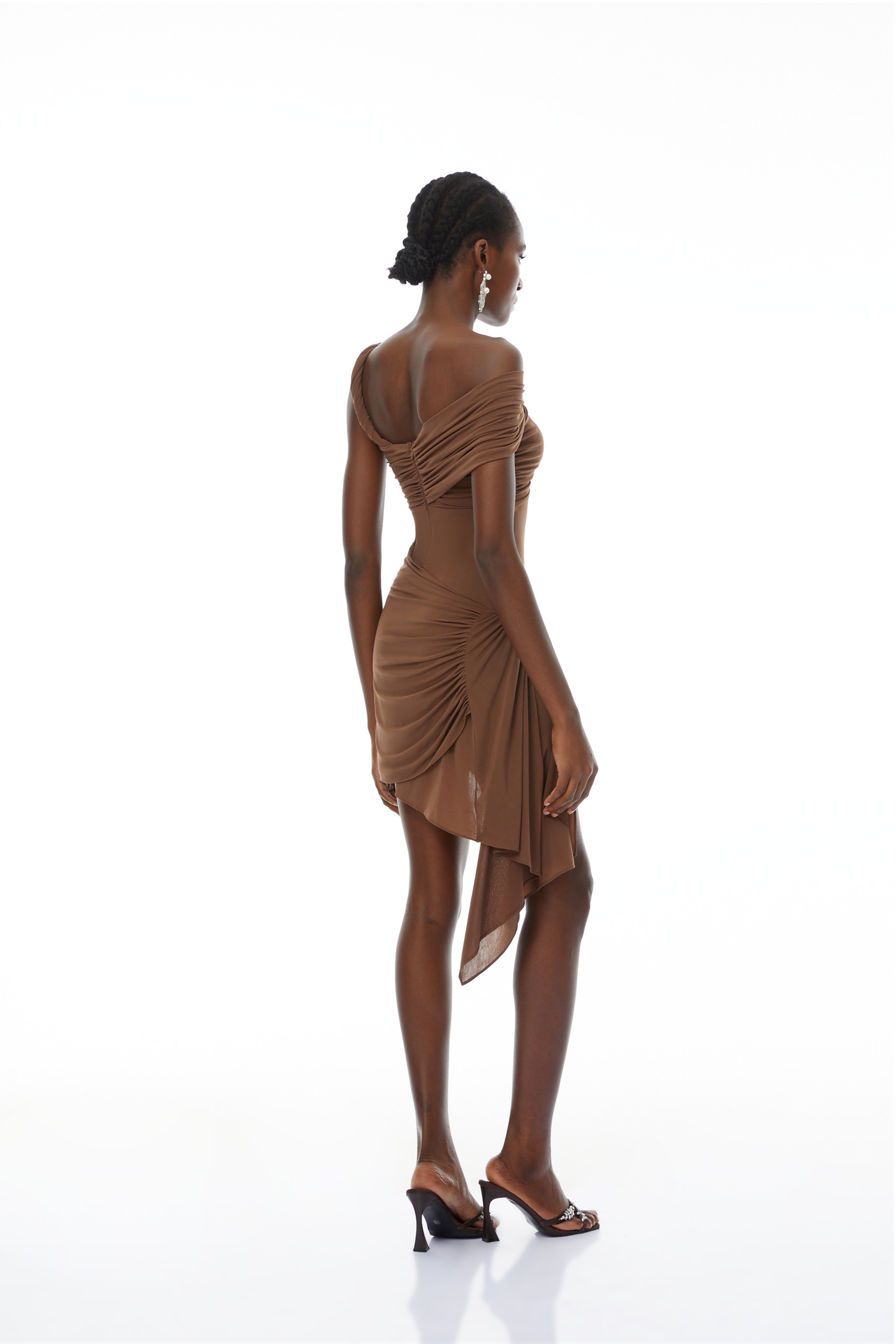 Iván Brown One-Shoulder Ribbon Mini dress