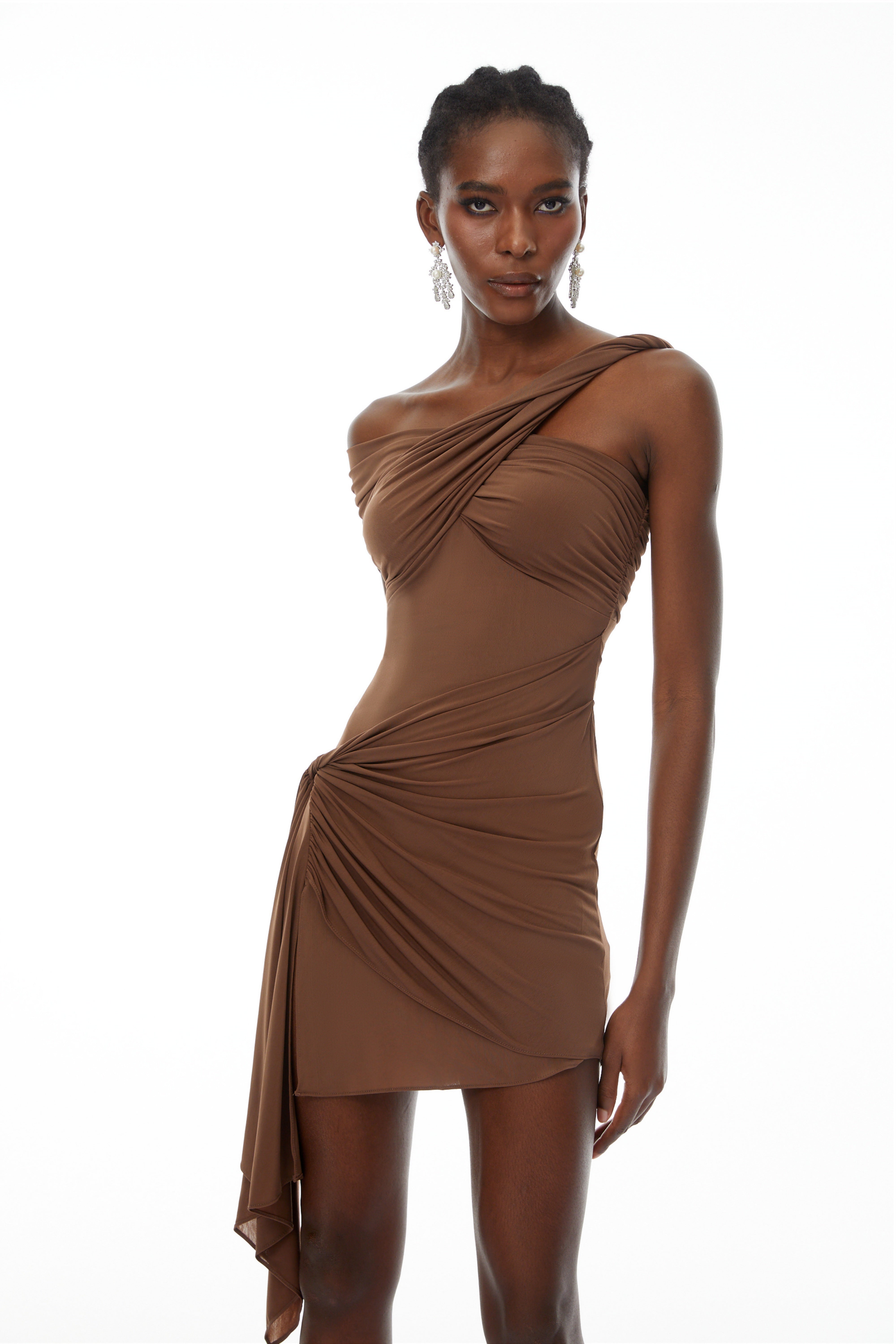 Iván Brown One-Shoulder Ribbon Mini dress
