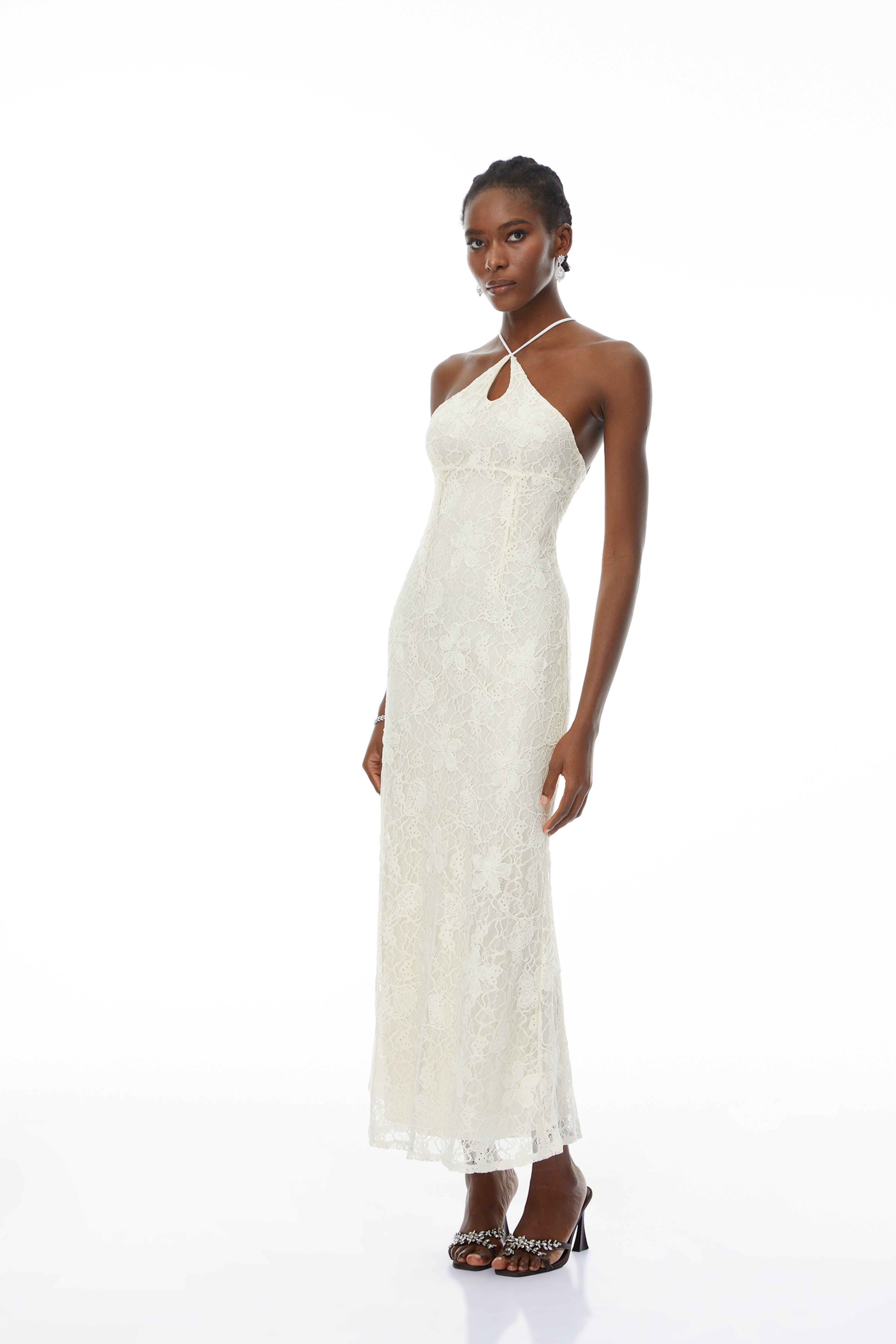 Milania White Halterneck Floral Lace Maxi Dress