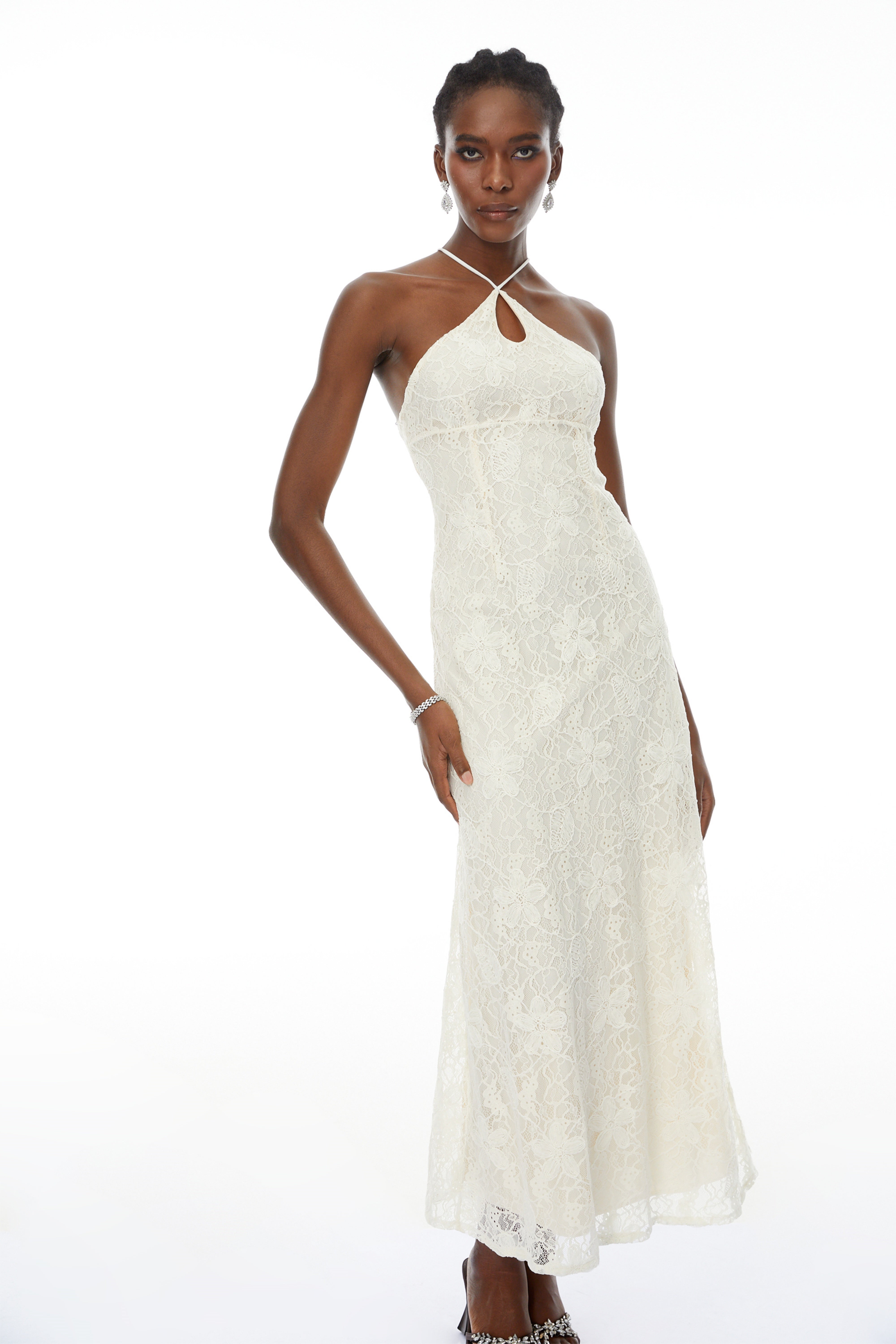 Milania White Halterneck Floral Lace Maxi Dress