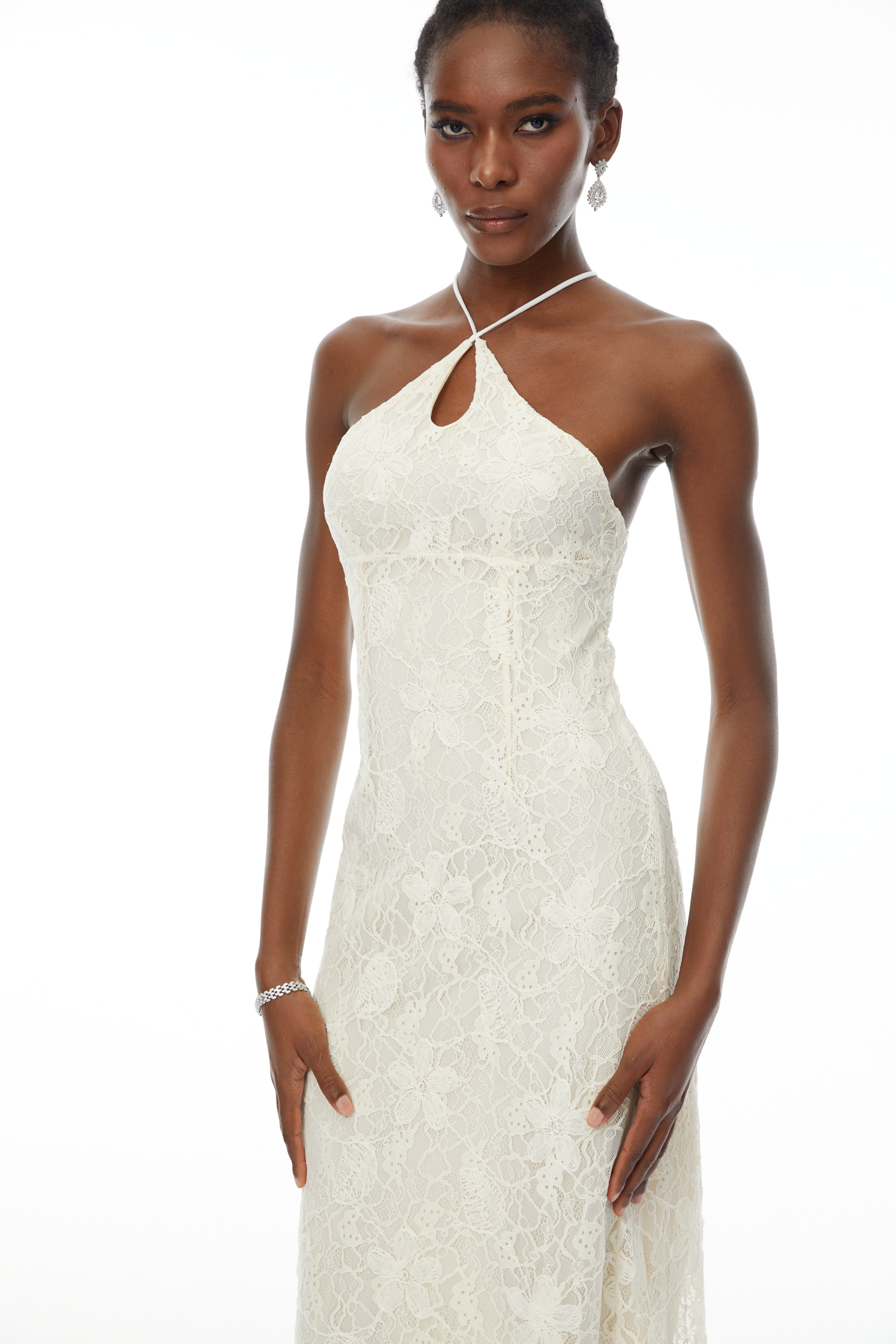 Milania White Halterneck Floral Lace Maxi Dress