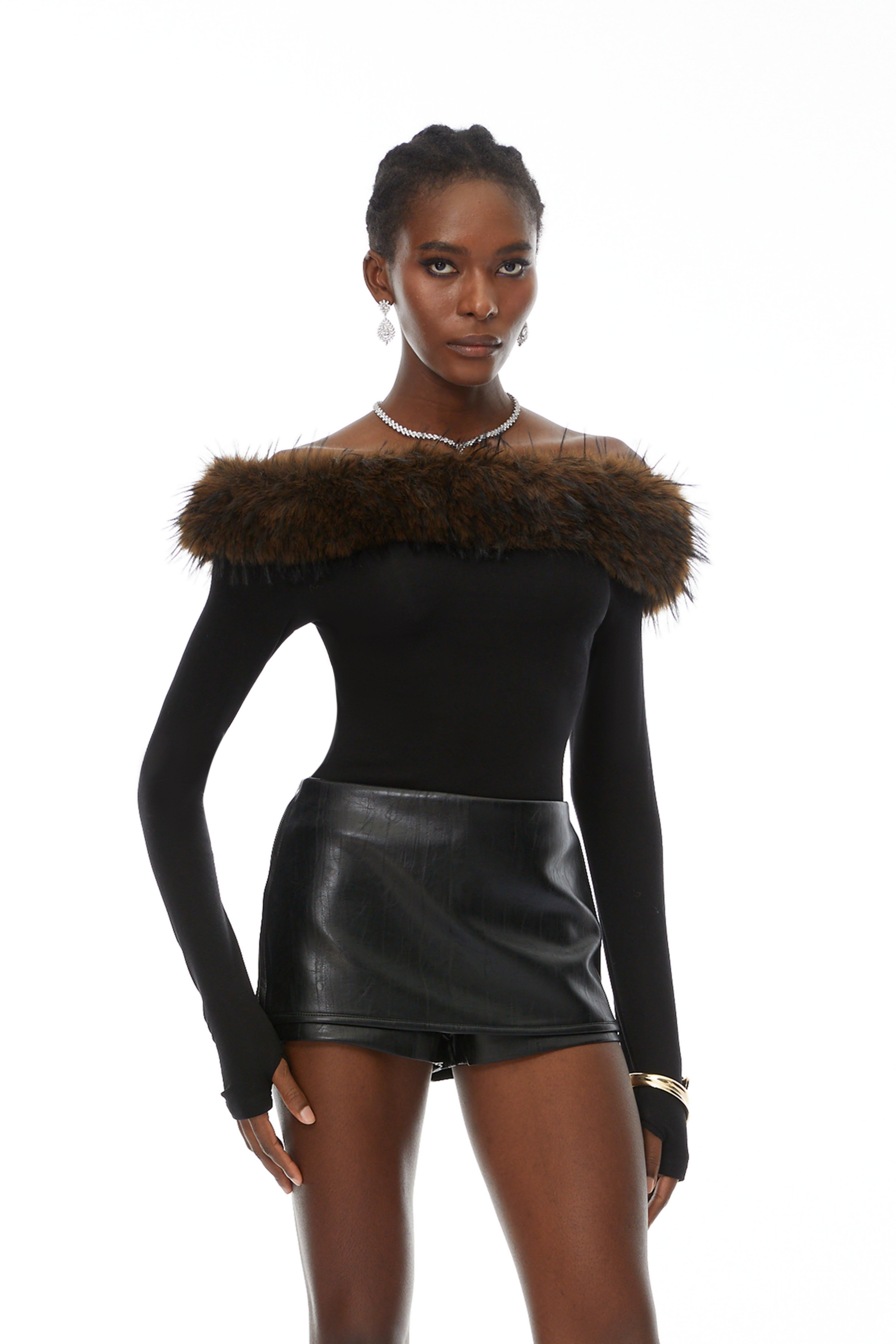 Livia Black Asymmetrical Fur Trim Blouse