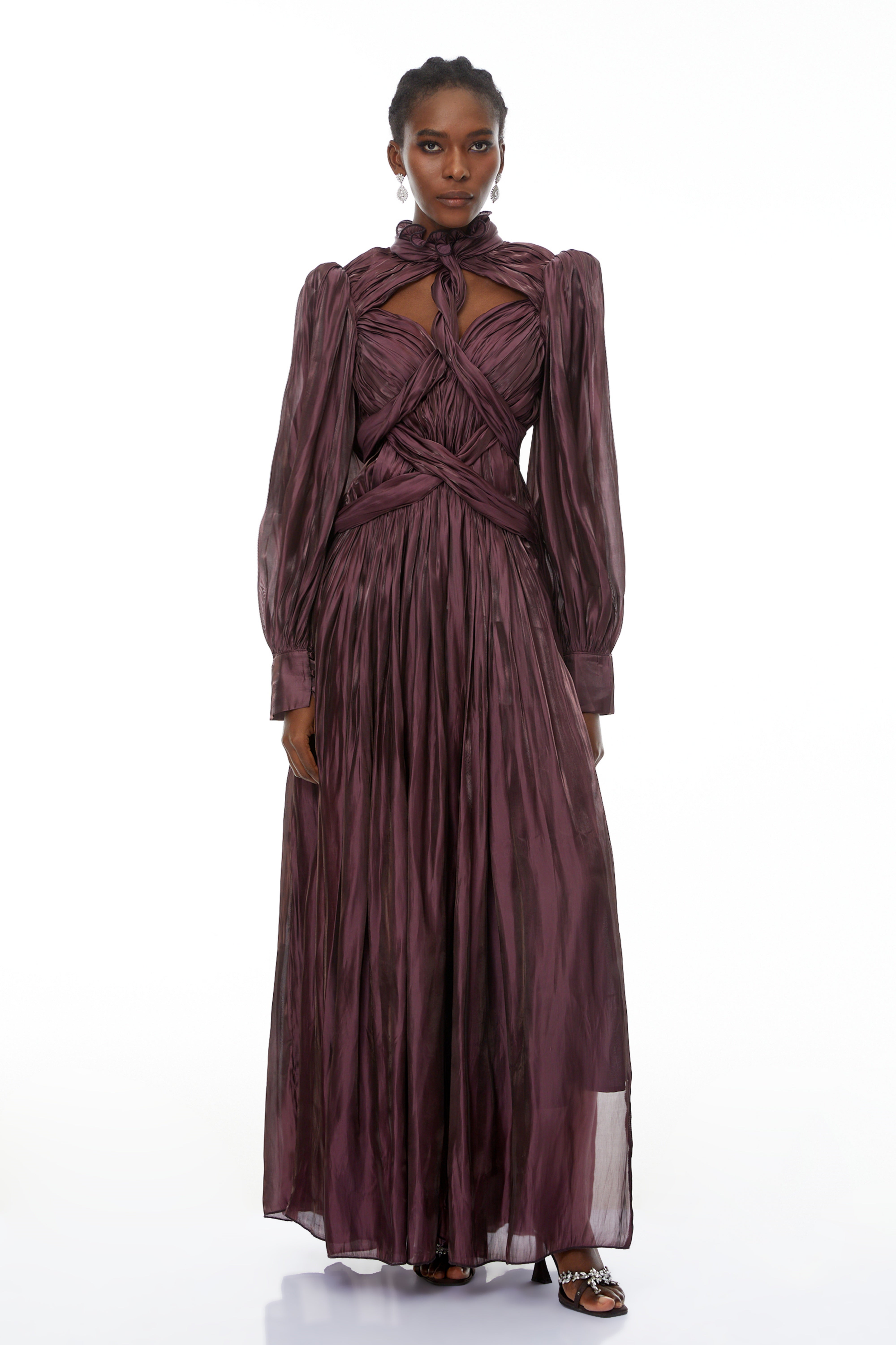 Sage Brown Crossed Design Maxi Dress