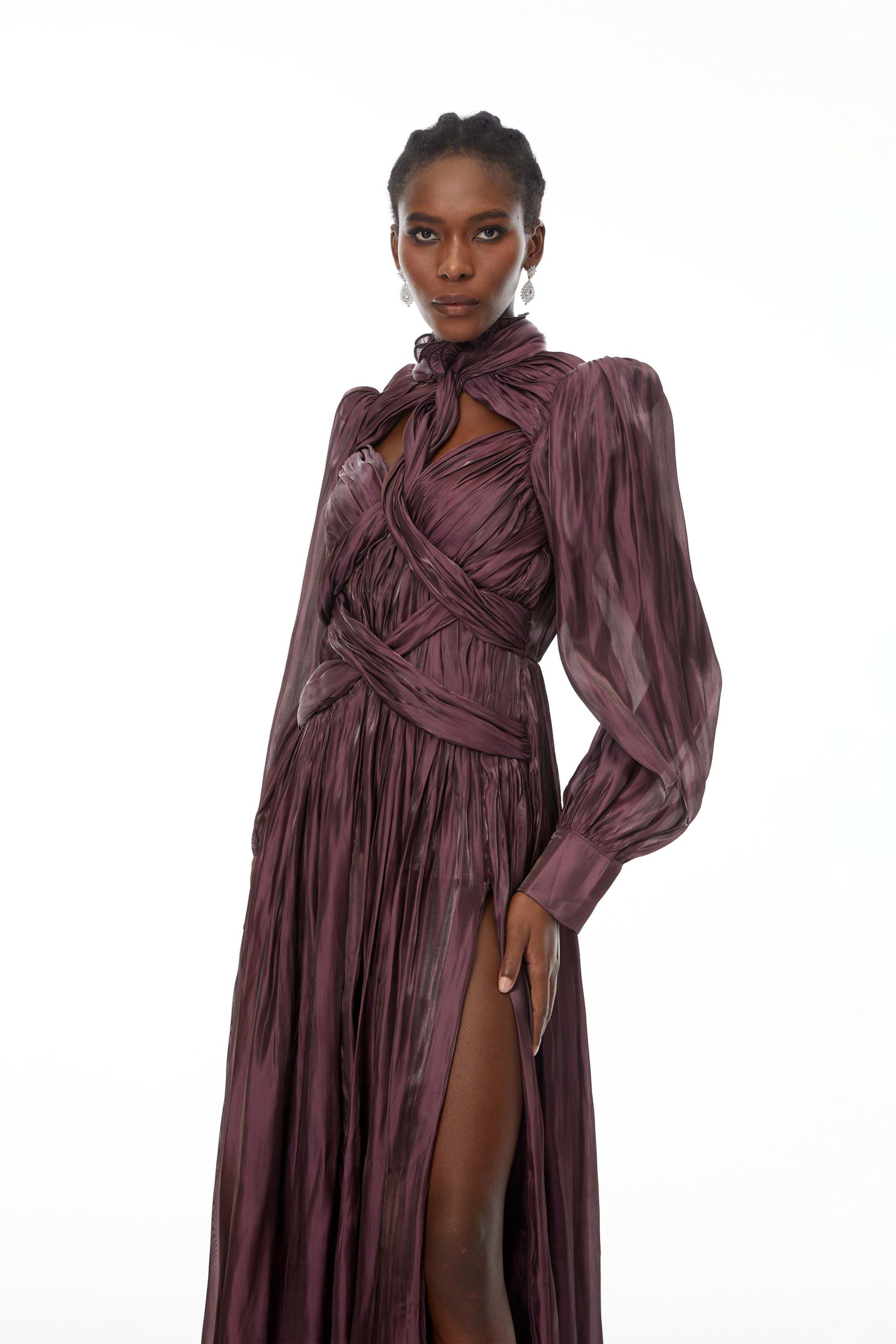 Sage Brown Crossed Design Maxi Dress