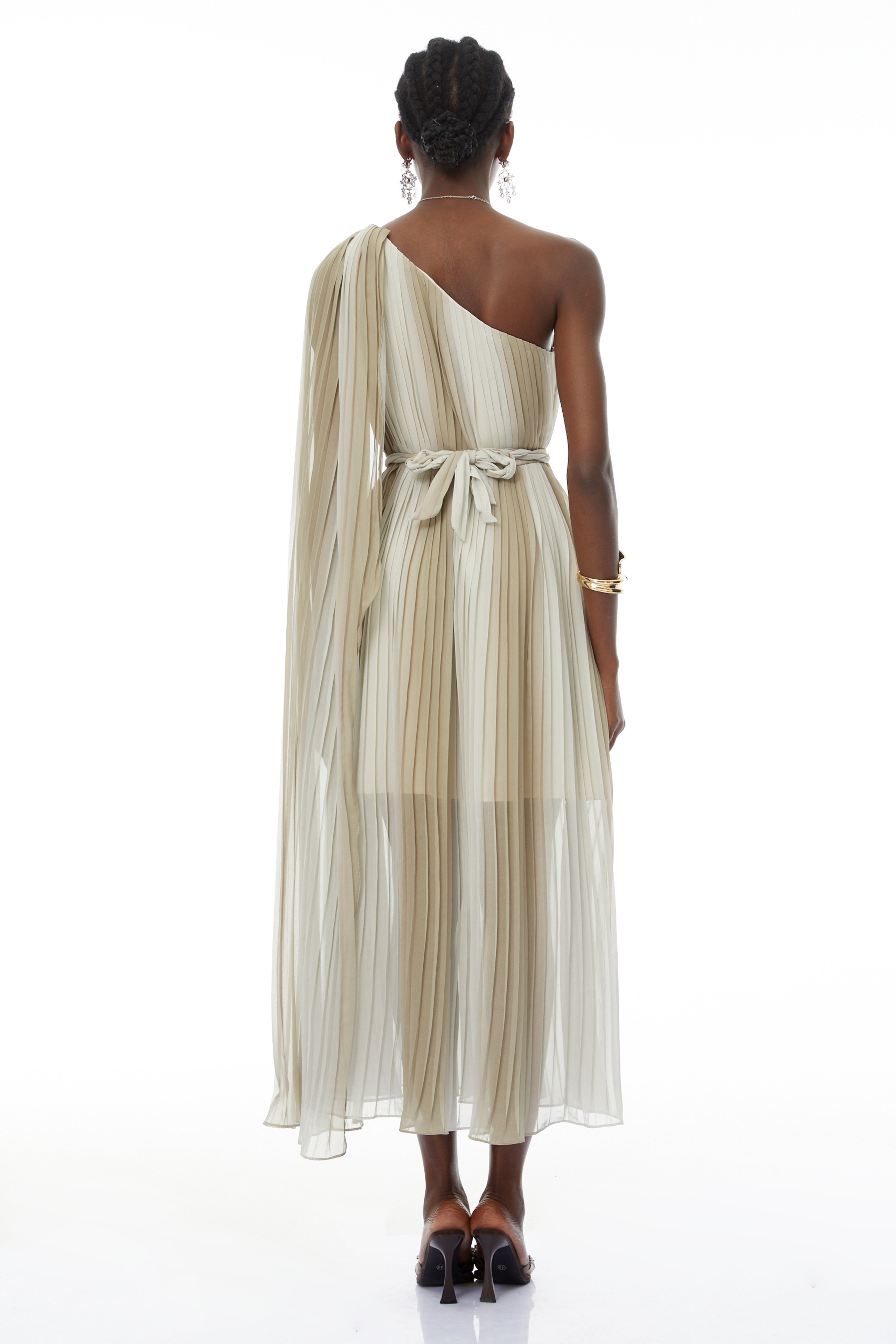 Margaret Green One Shoulder Ruched Midi Dress