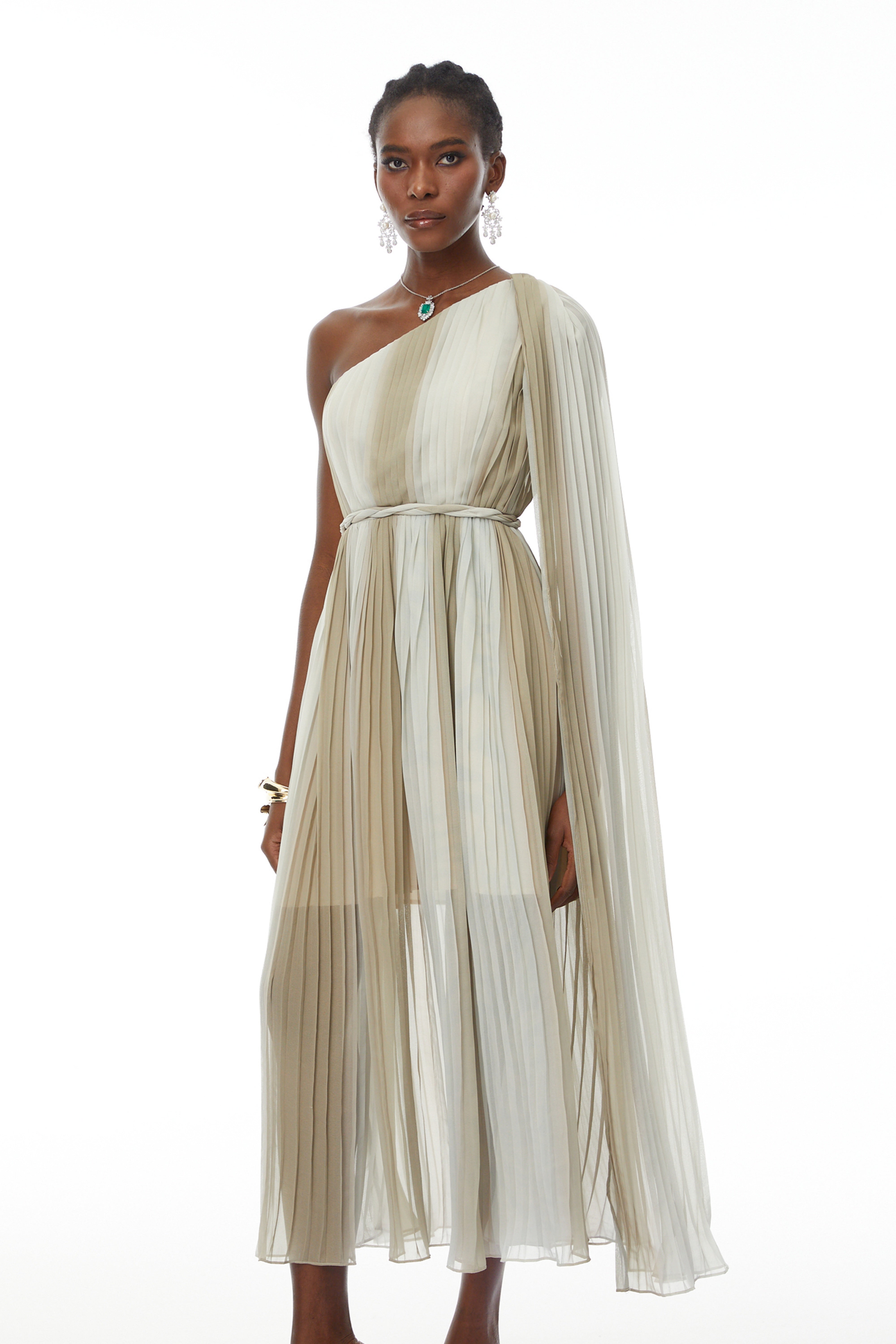 Margaret Green One Shoulder Ruched Midi Dress