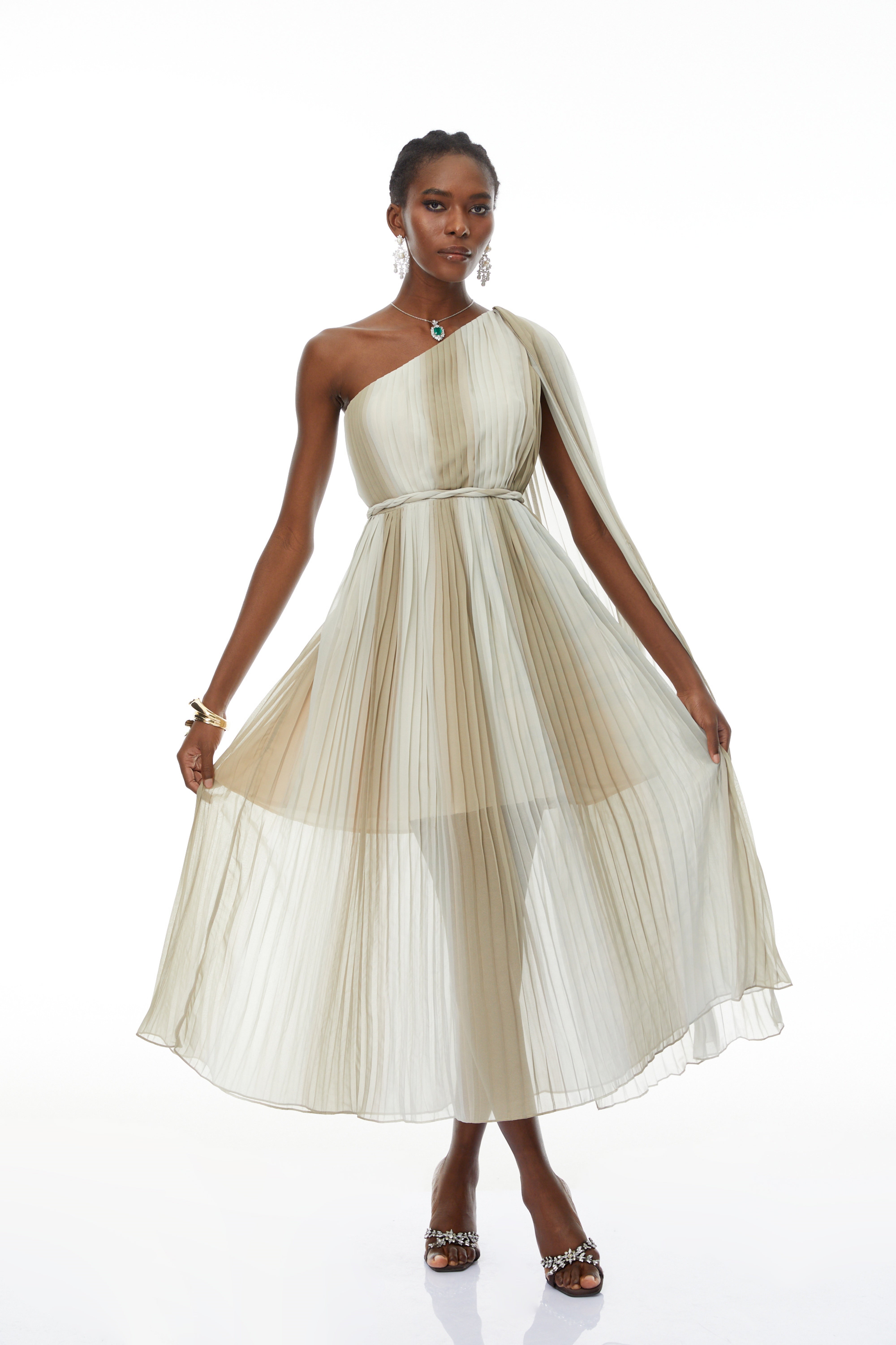 Margaret Green One Shoulder Ruched Midi Dress