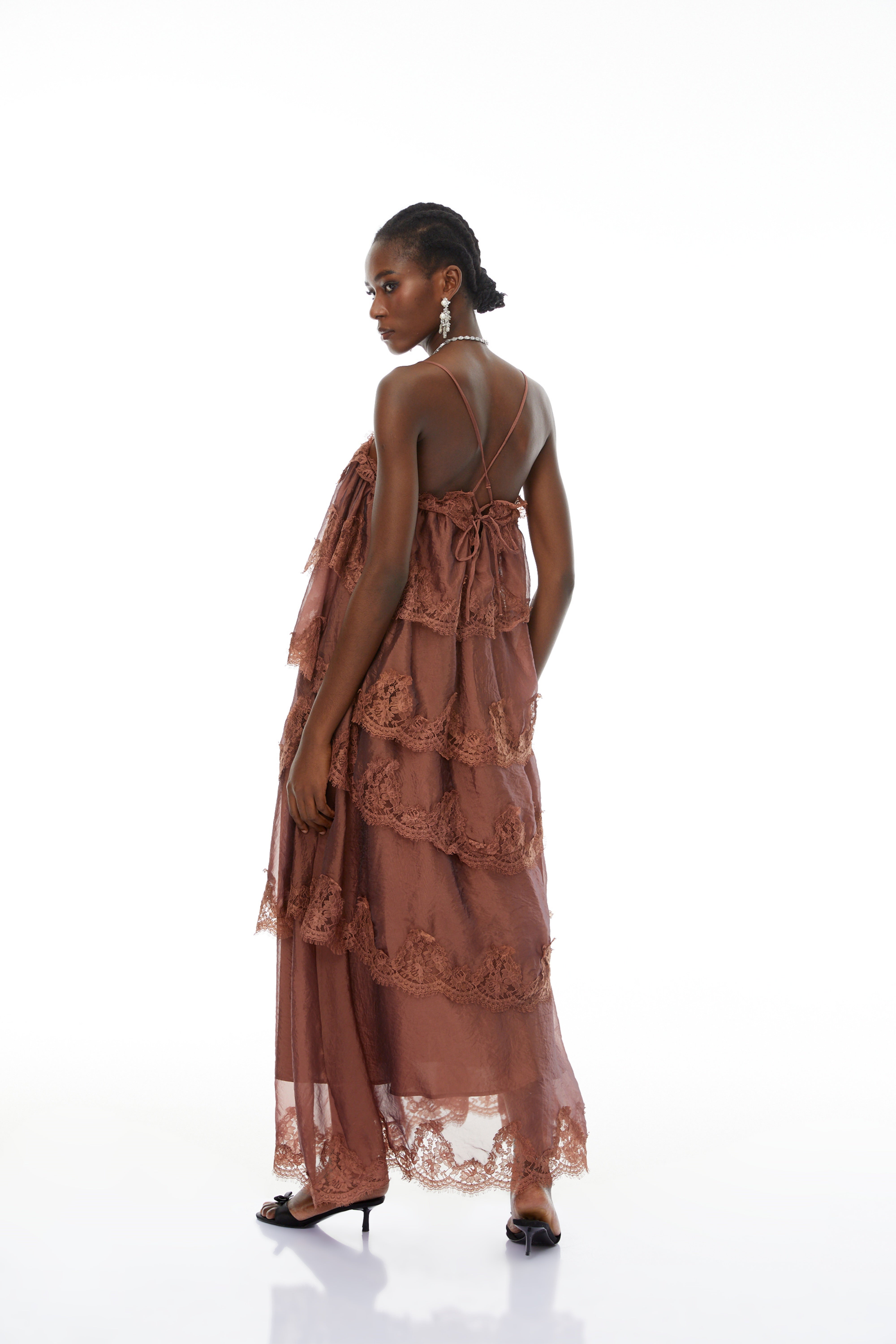 Sloane Brown Ruffled Lace Trim Maxi Dress