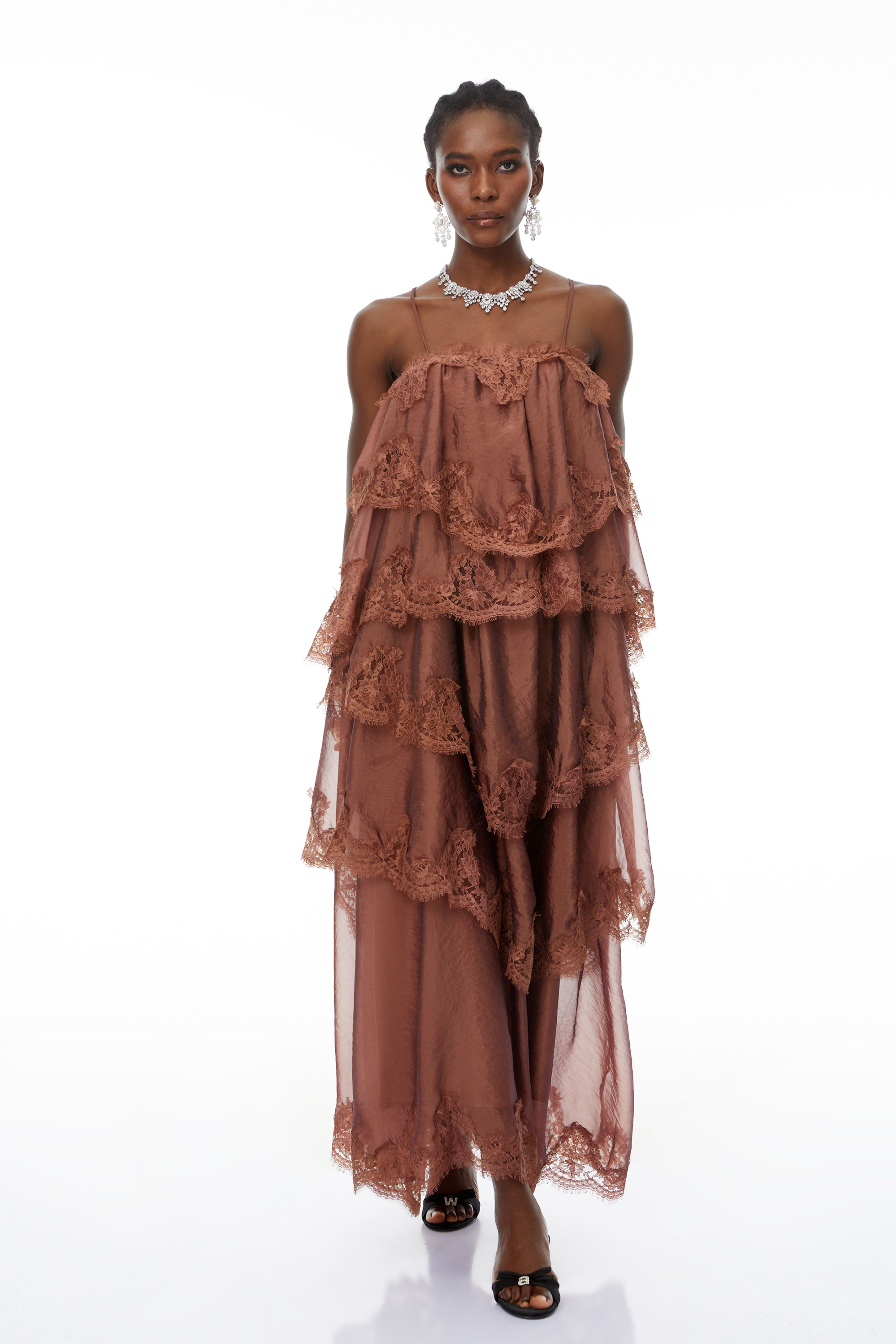 Sloane Brown Ruffled Lace Trim Maxi Dress