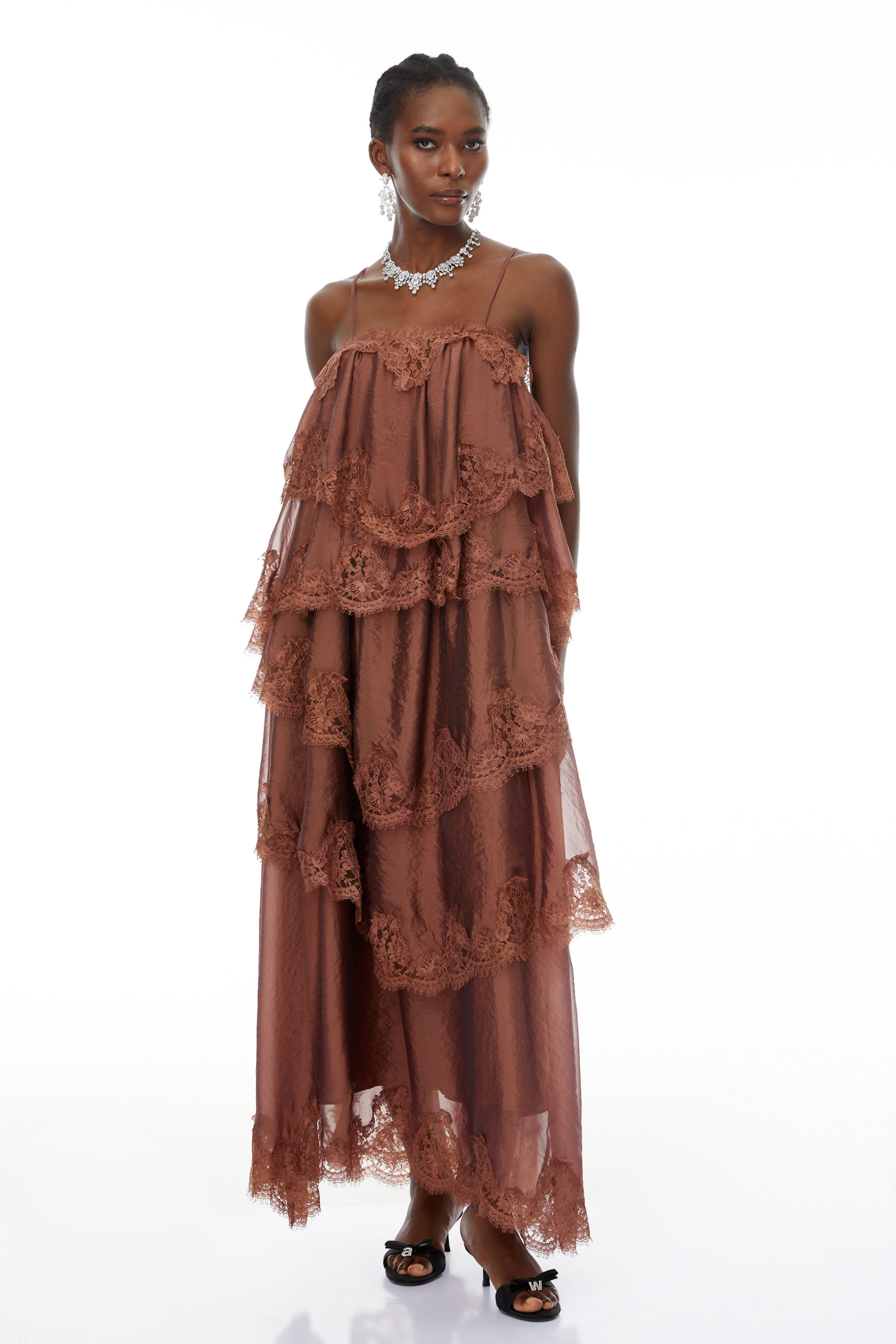 Sloane Brown Ruffled Lace Trim Maxi Dress