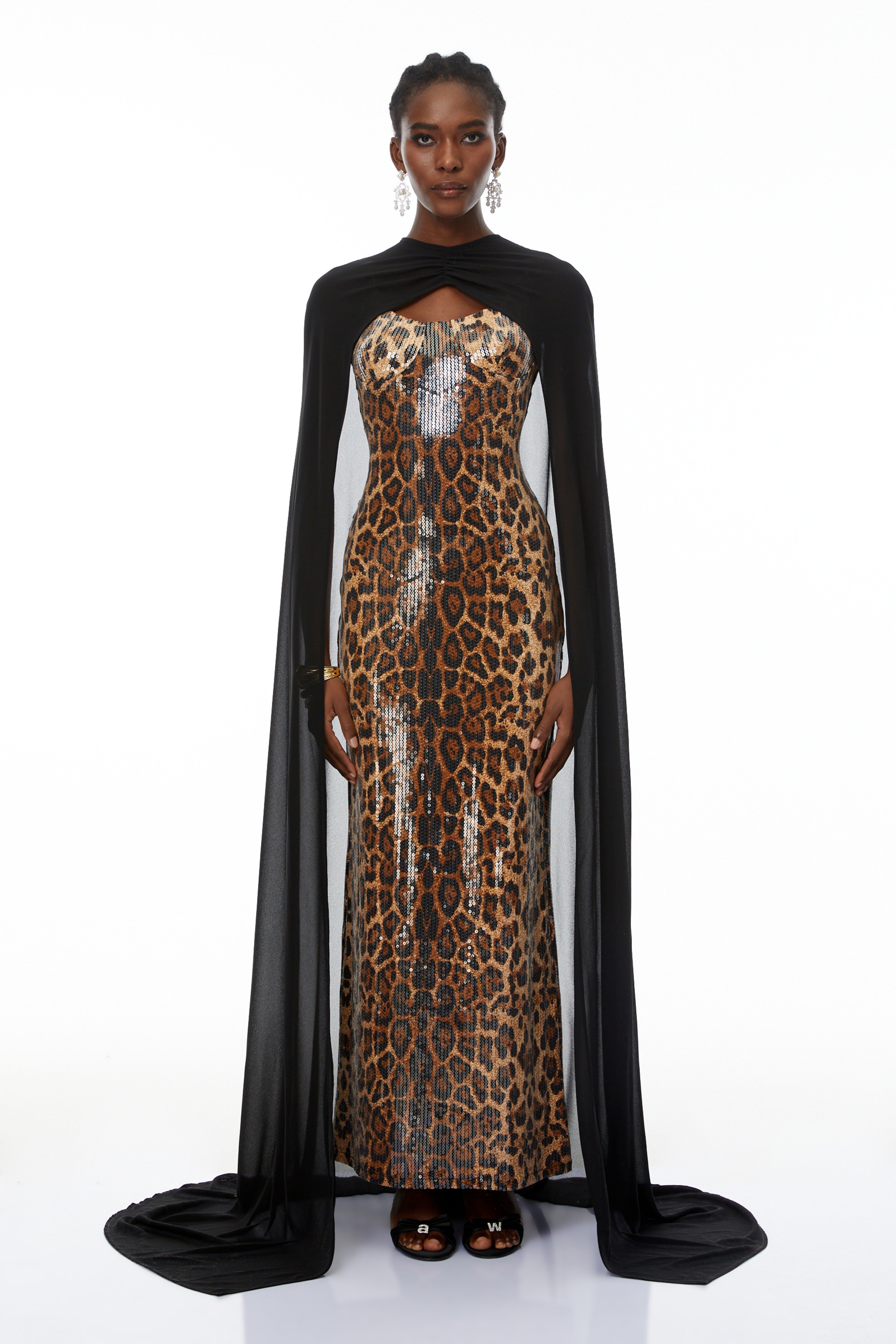 Lorenzo Black Cape & Leopard Print Maxi Dress Set