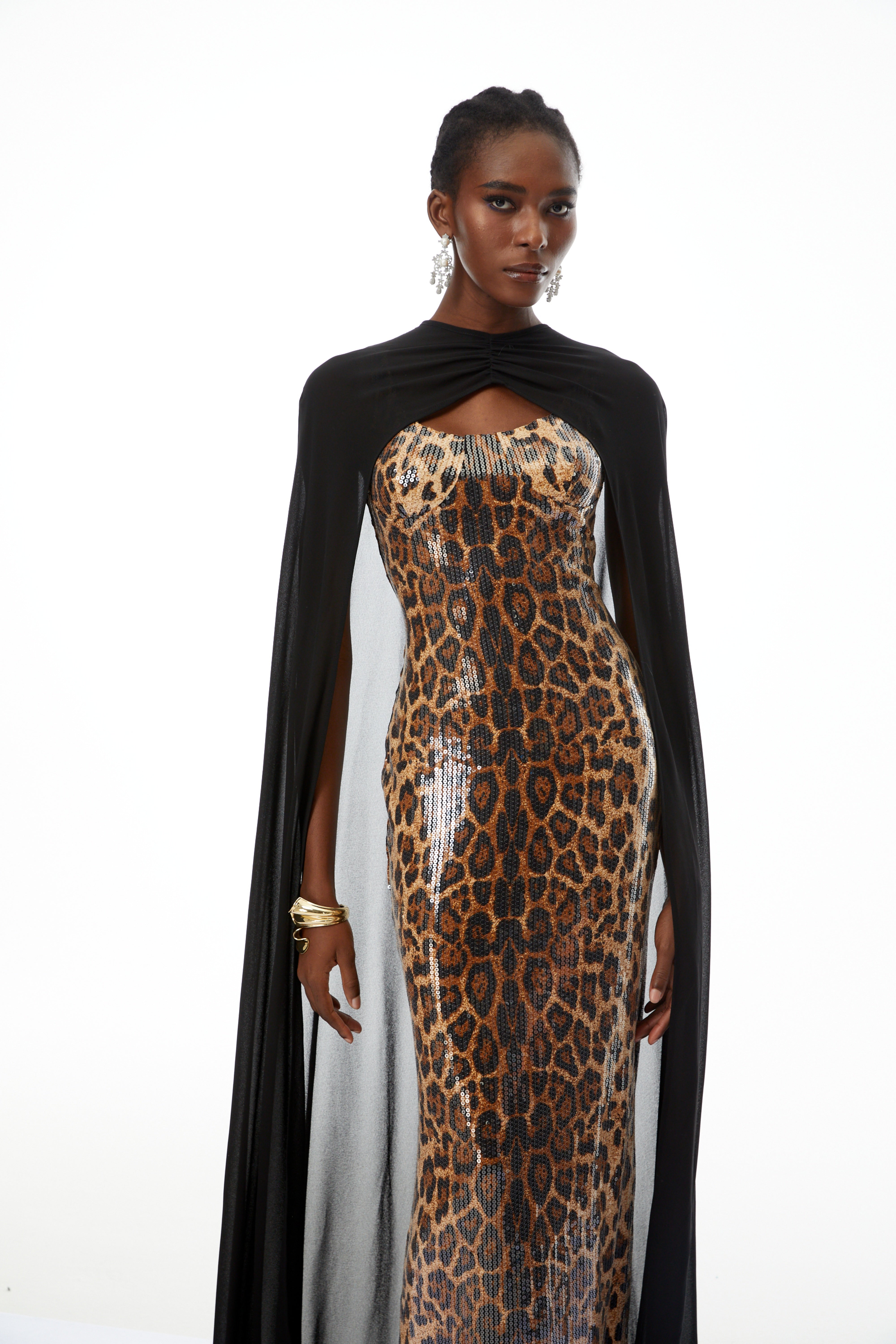 Lorenzo Black Cape & Leopard Print Maxi Dress Set