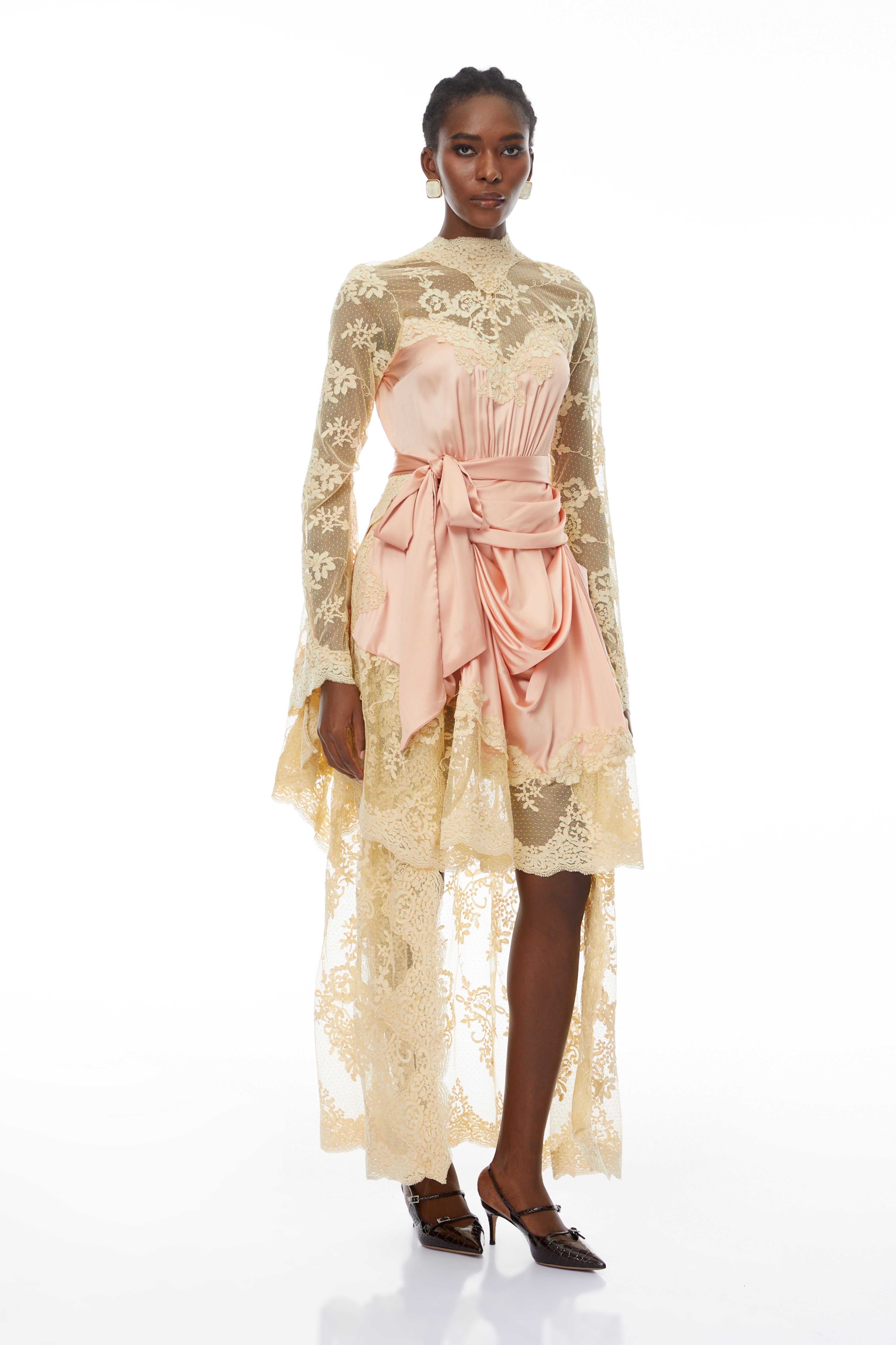 Francesca Pink Self-tie Lace Midi Dress