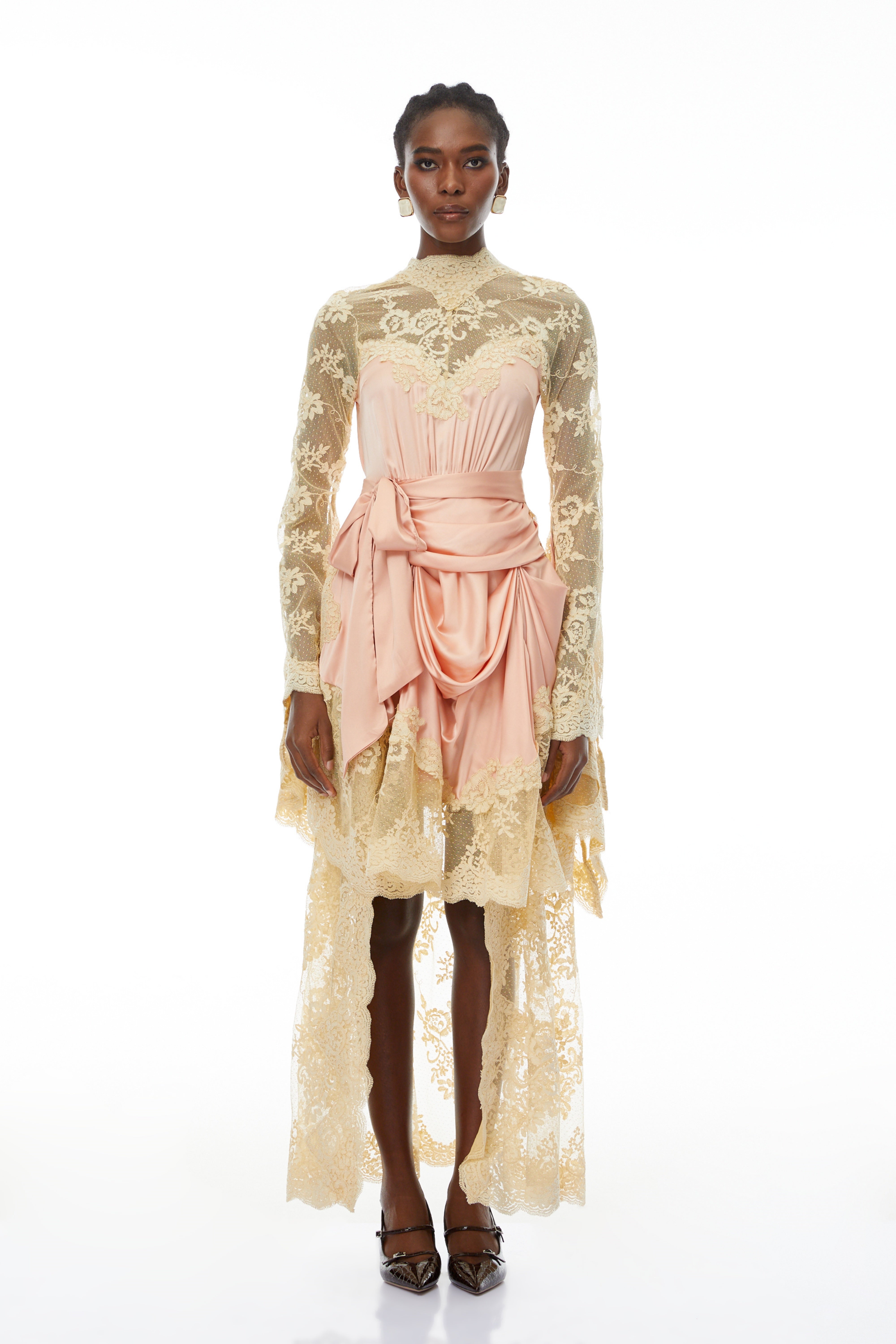 Francesca Pink Self-tie Lace Midi Dress