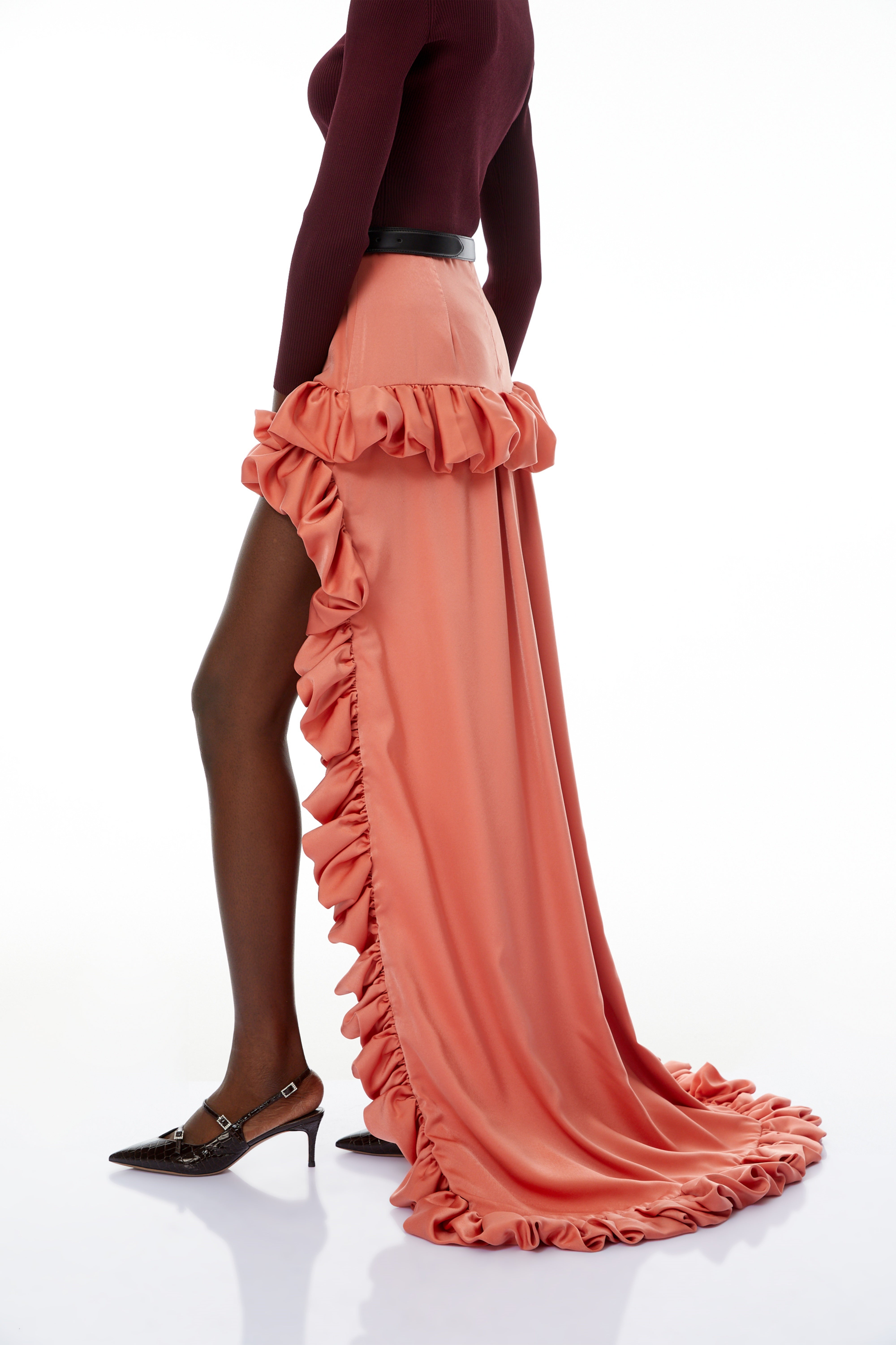 Saveria Pink Ruffled High-Low Satin Skirt