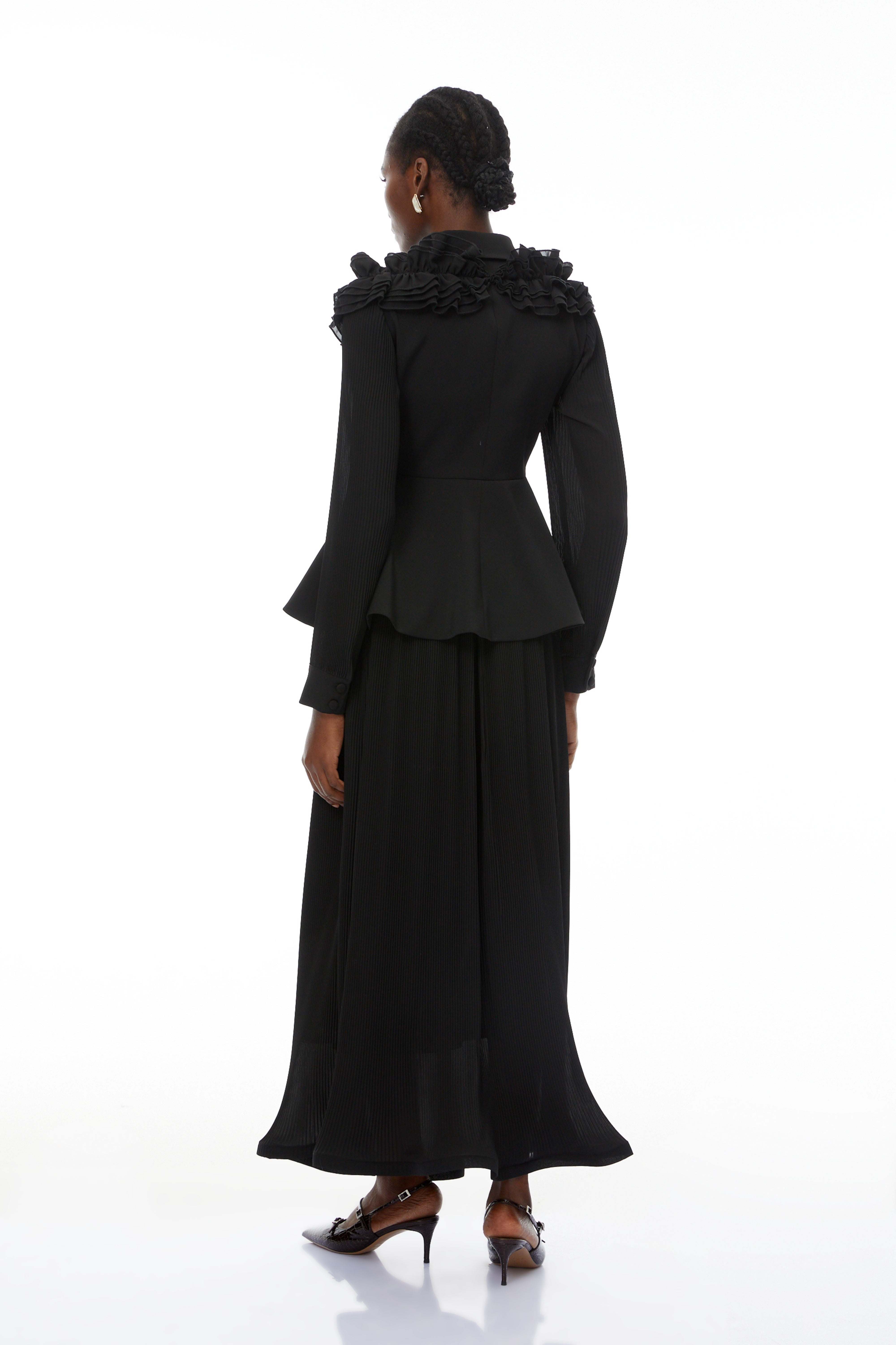 Prudence Black Ruffled Blazer & Pleated Skirt Set