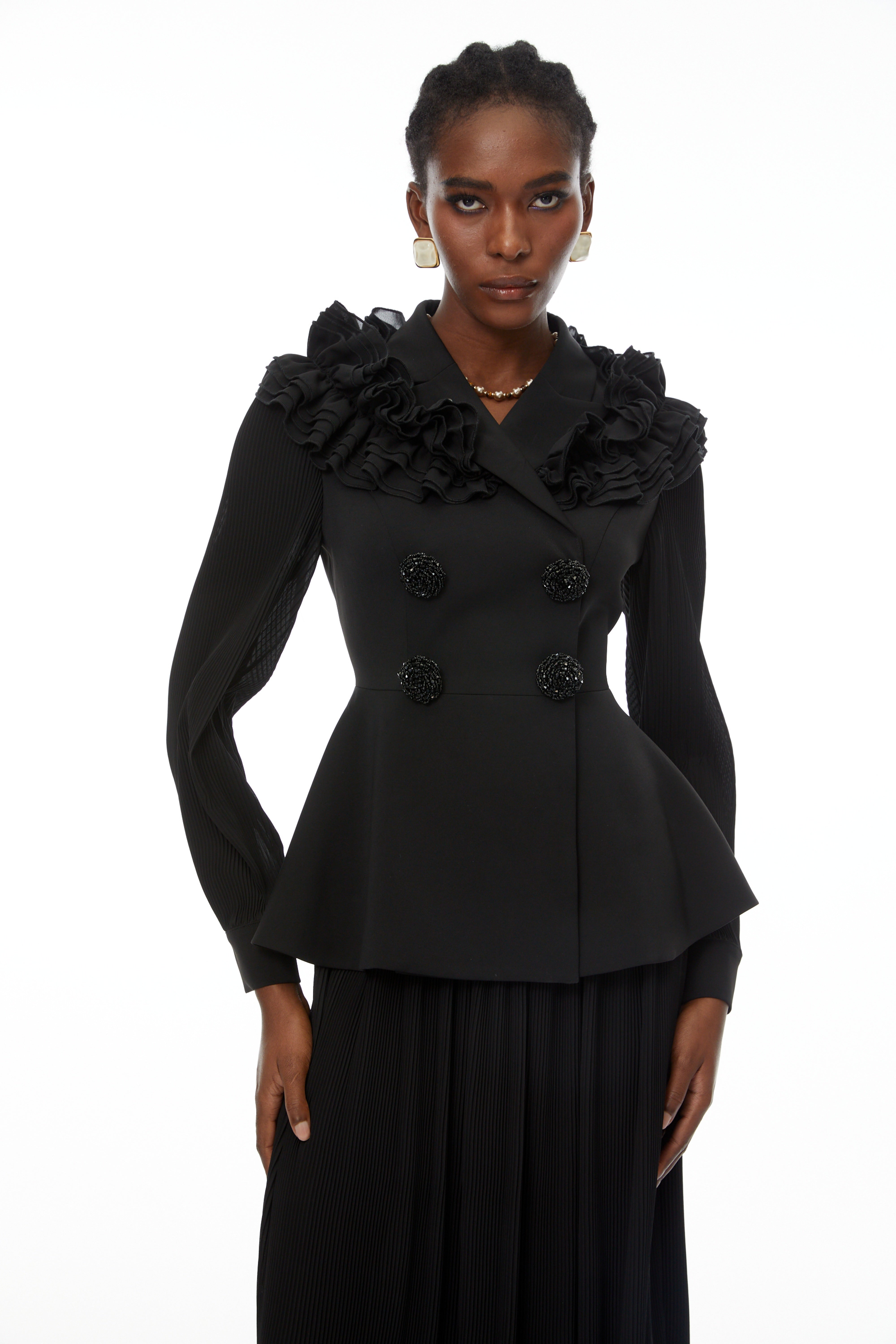 Prudence Black Ruffled Blazer & Pleated Skirt Set