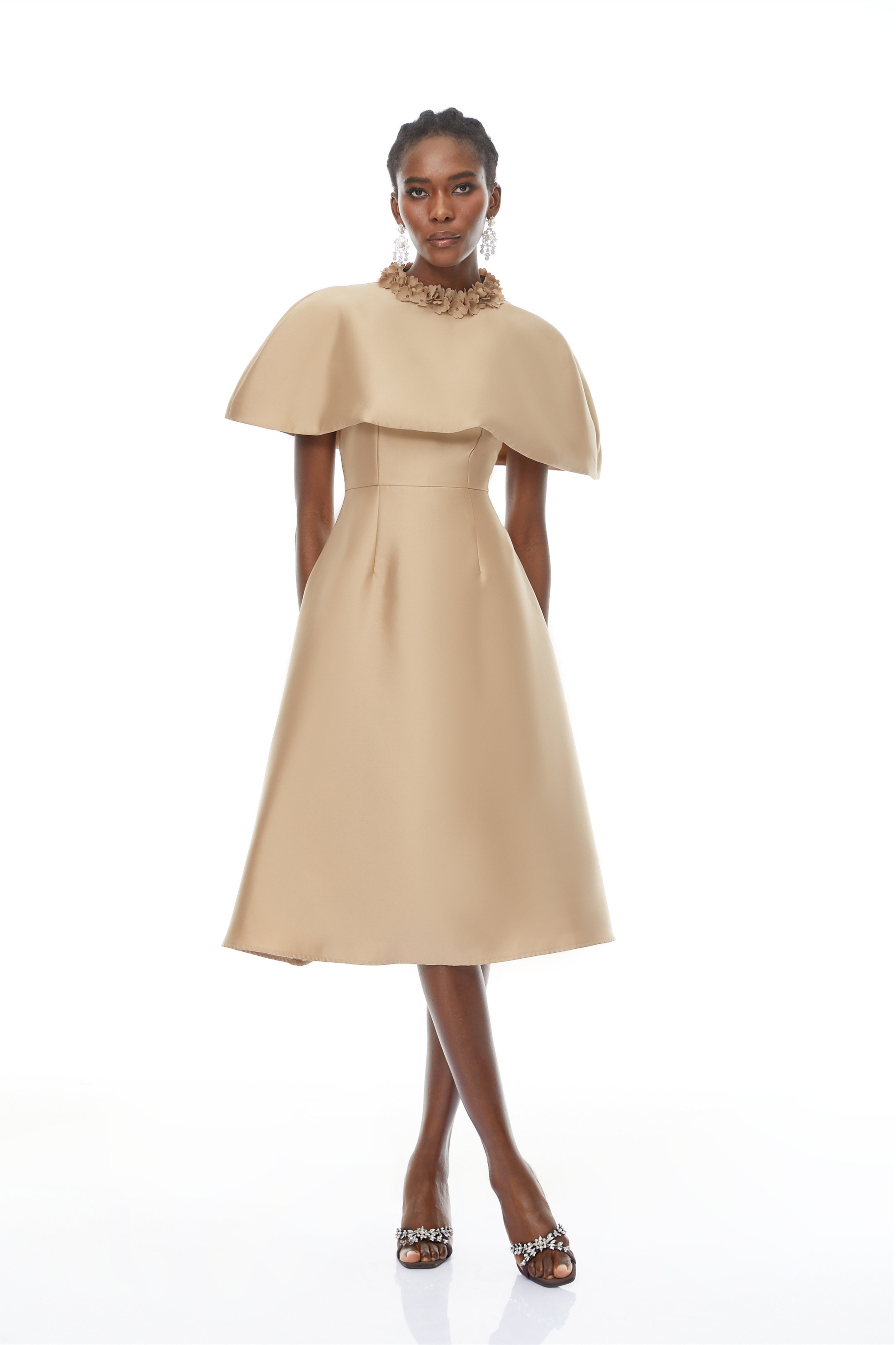 Hilda Khaki Cape Design Satin Midi Dress