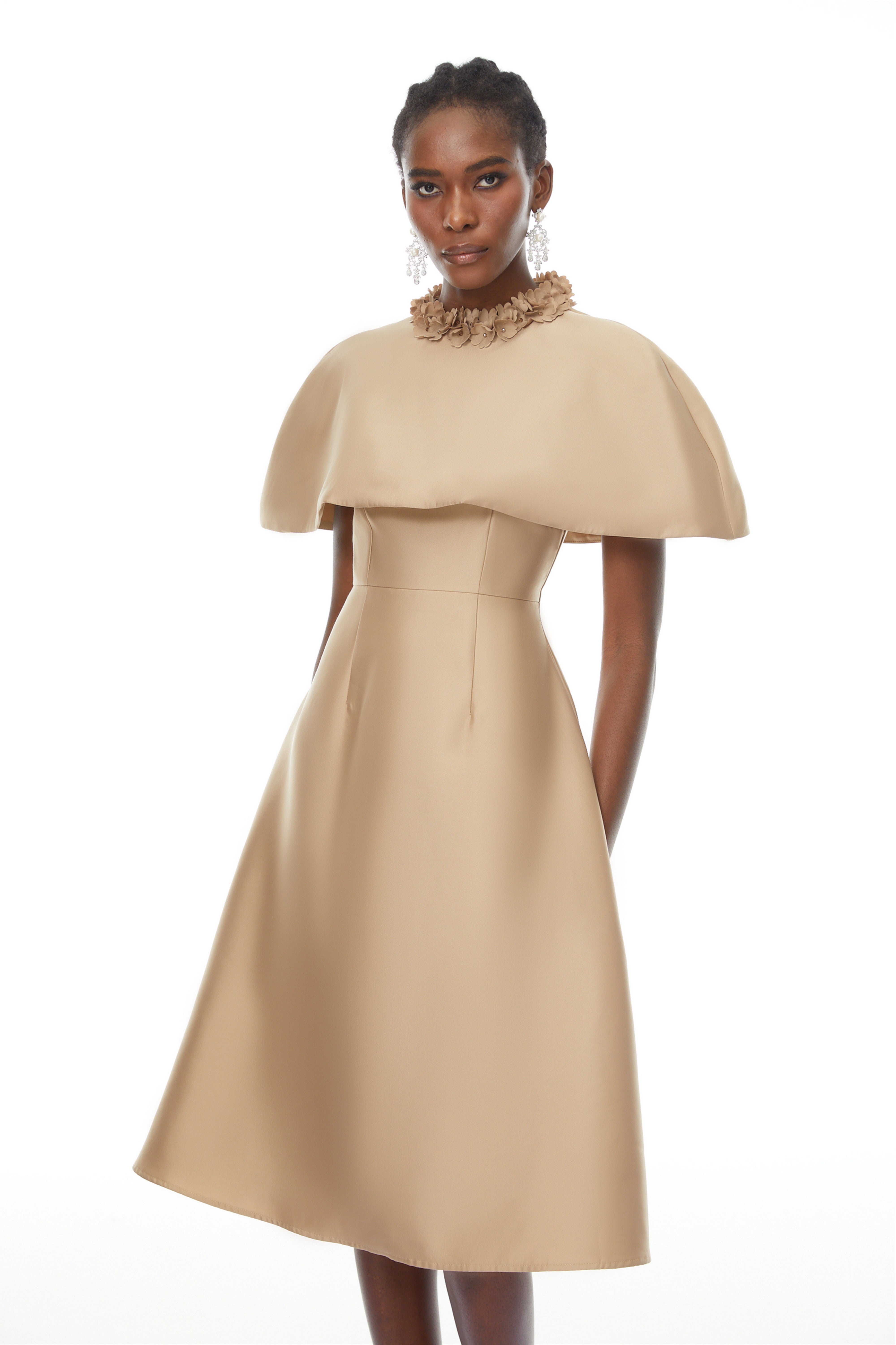 Hilda Khaki Cape Design Satin Midi Dress