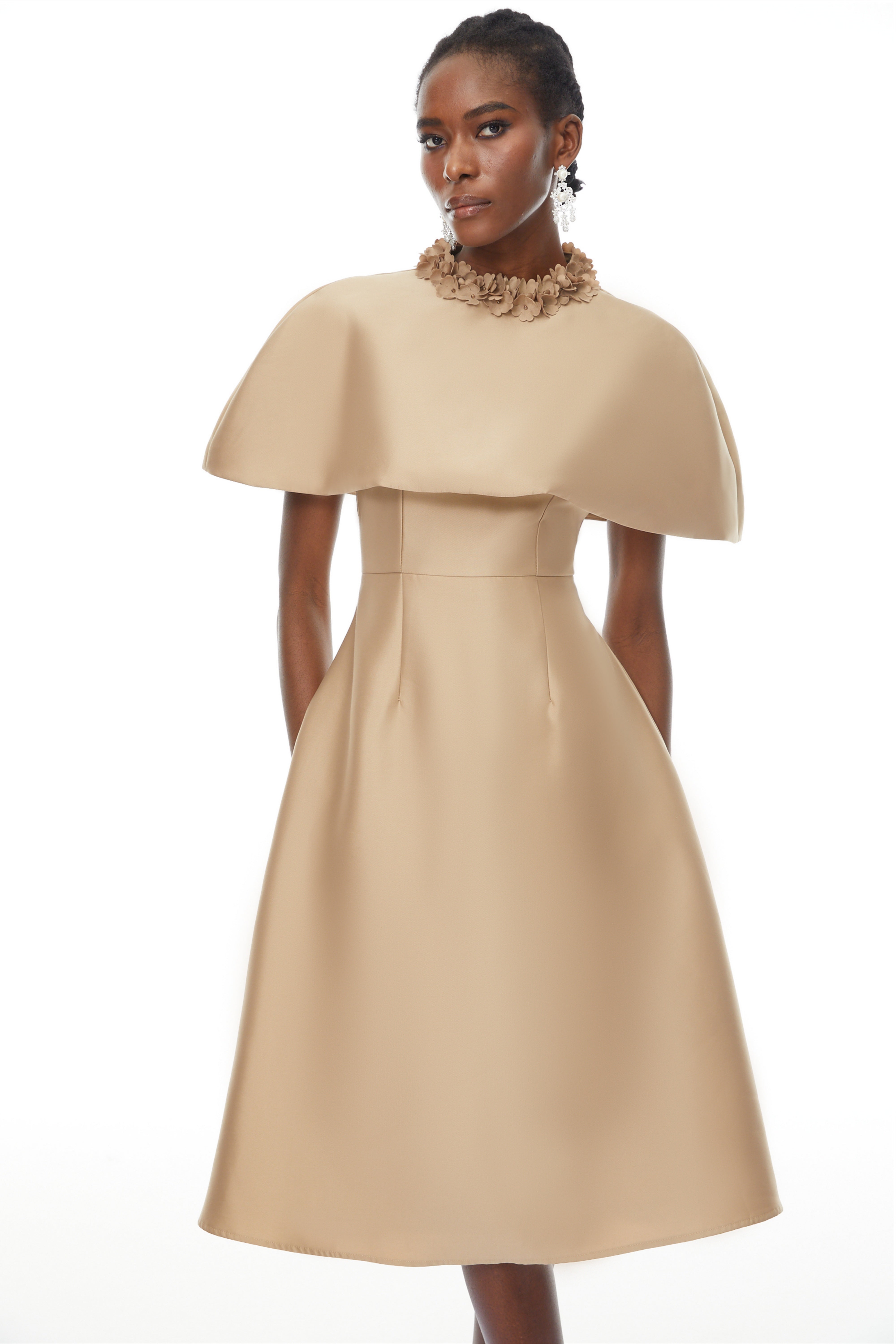 Hilda Khaki Cape Design Satin Midi Dress