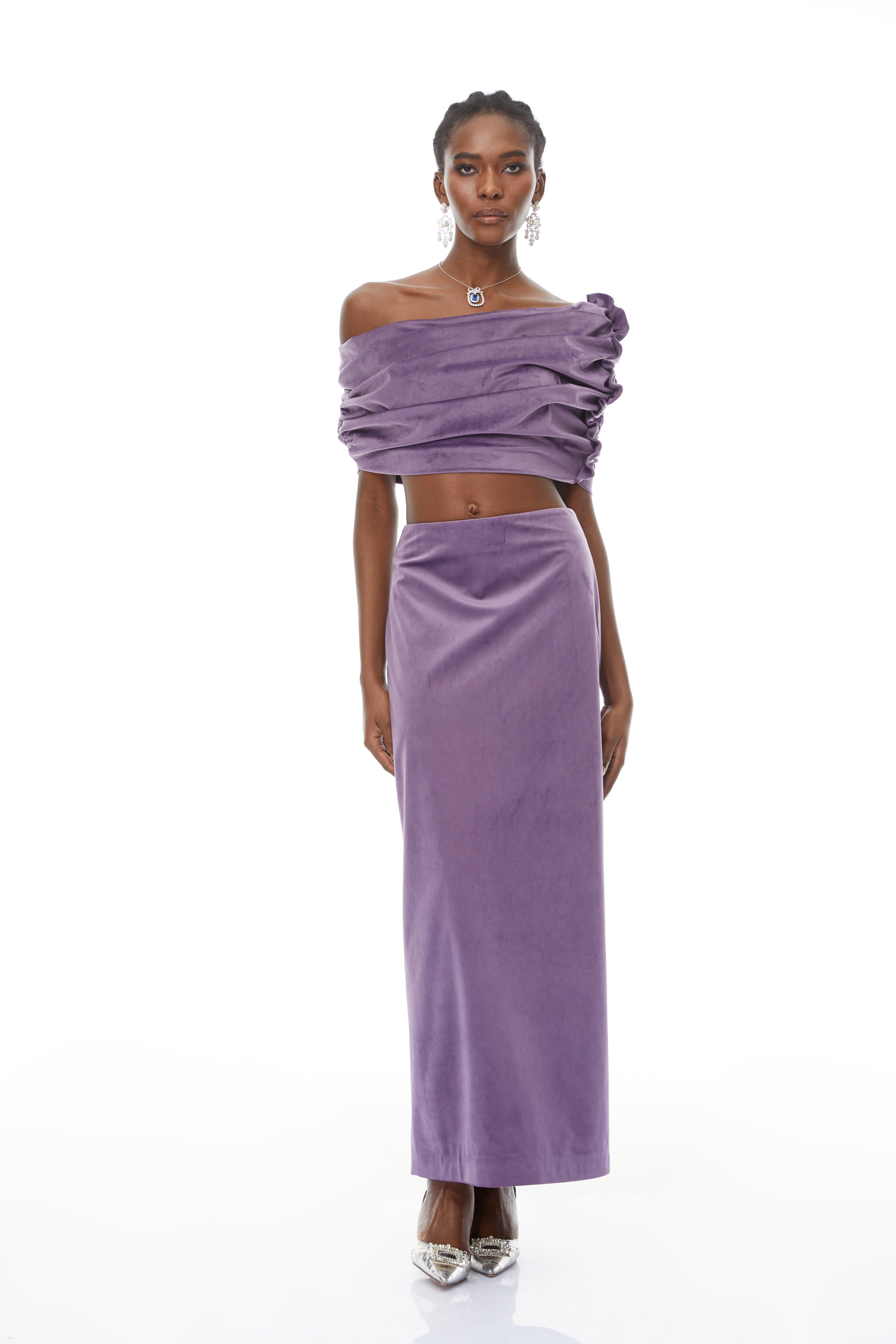 Frederica Purple Asymmetrical Velvet Top & Skirt Set