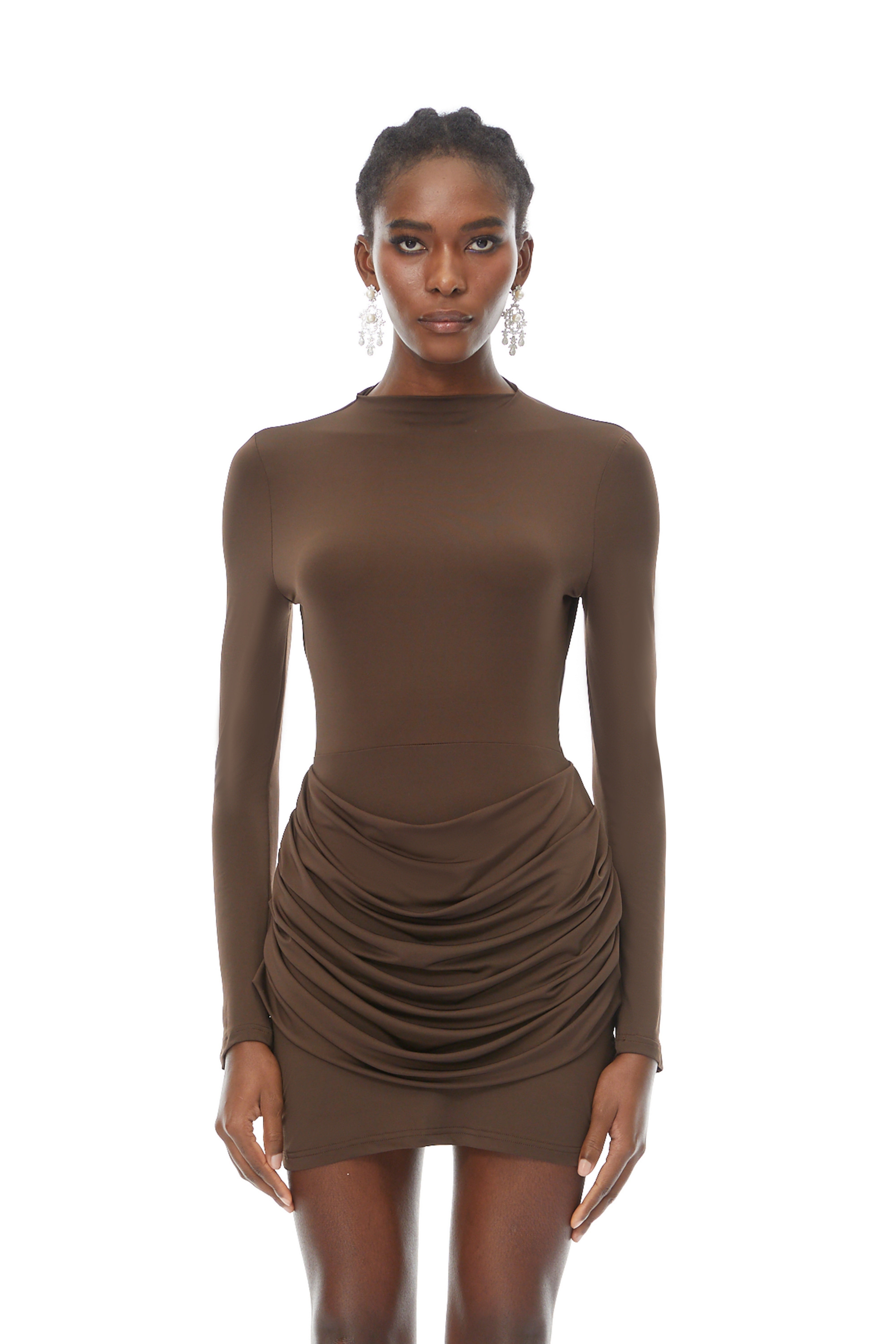 Astrid Brown Bodycon Rüschen-Minikleid
