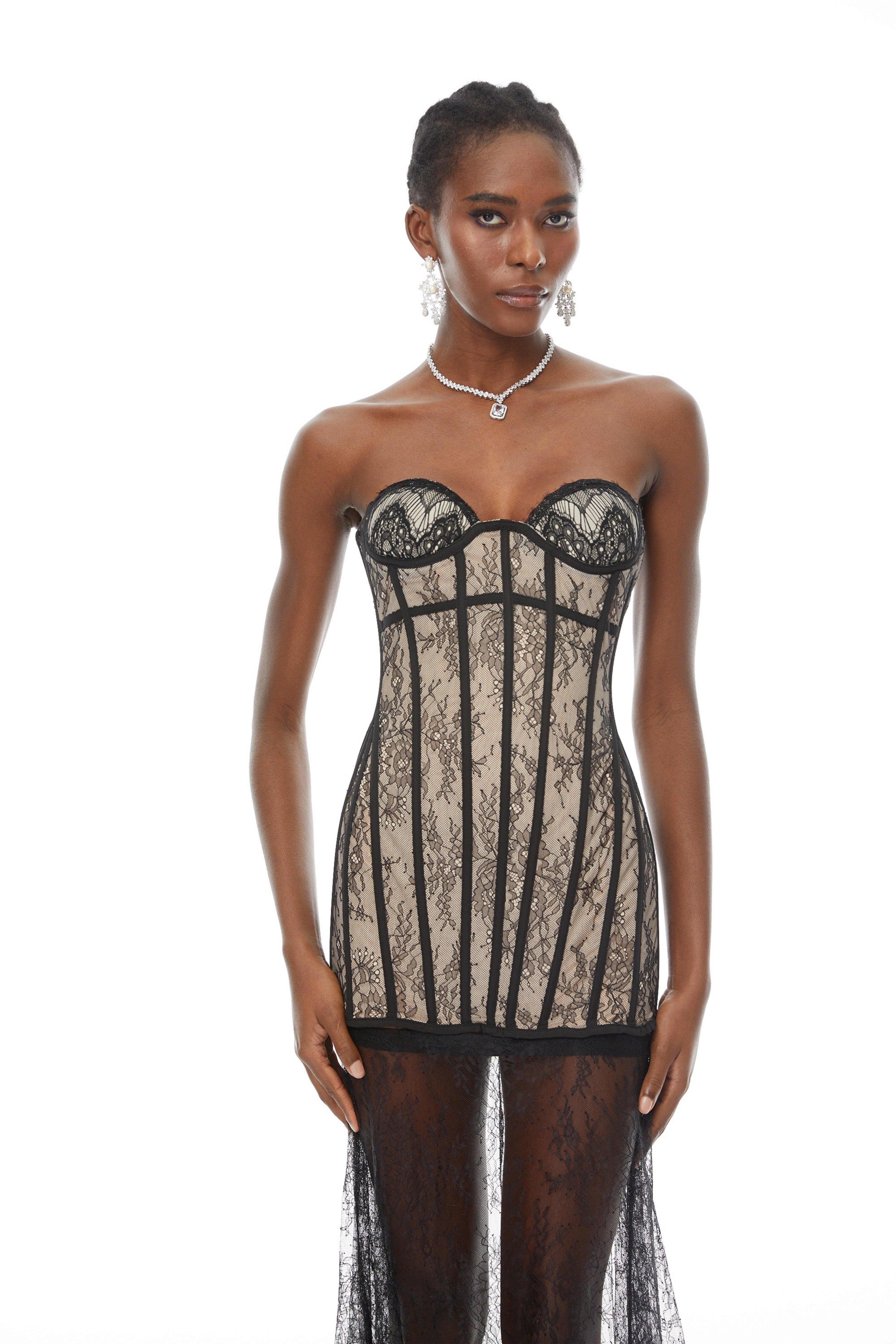 Astrid Black Floral Lace Corset Maxi Dress