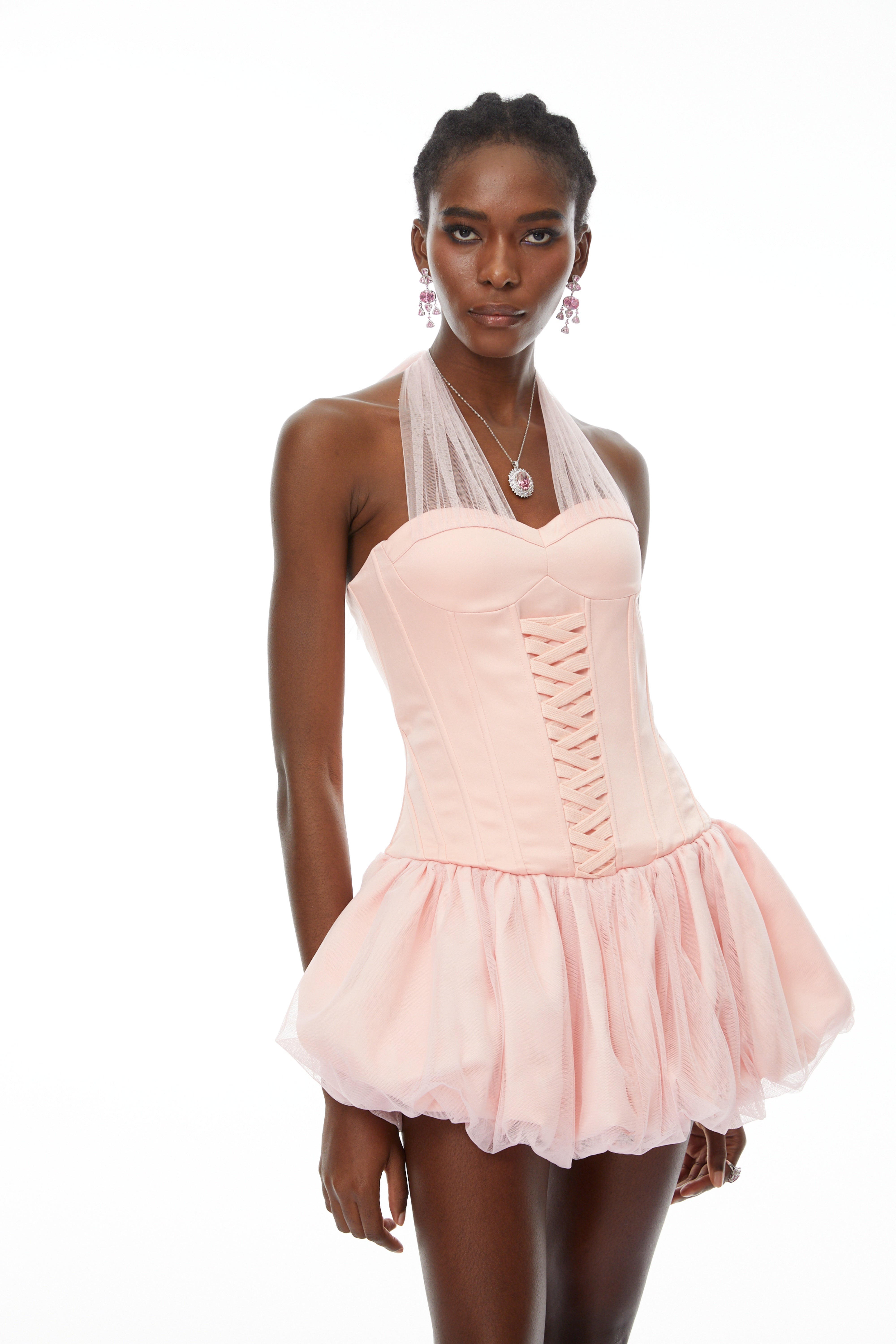 Constance Pink Halterneck Oraganza Panel Satin Mini Dress