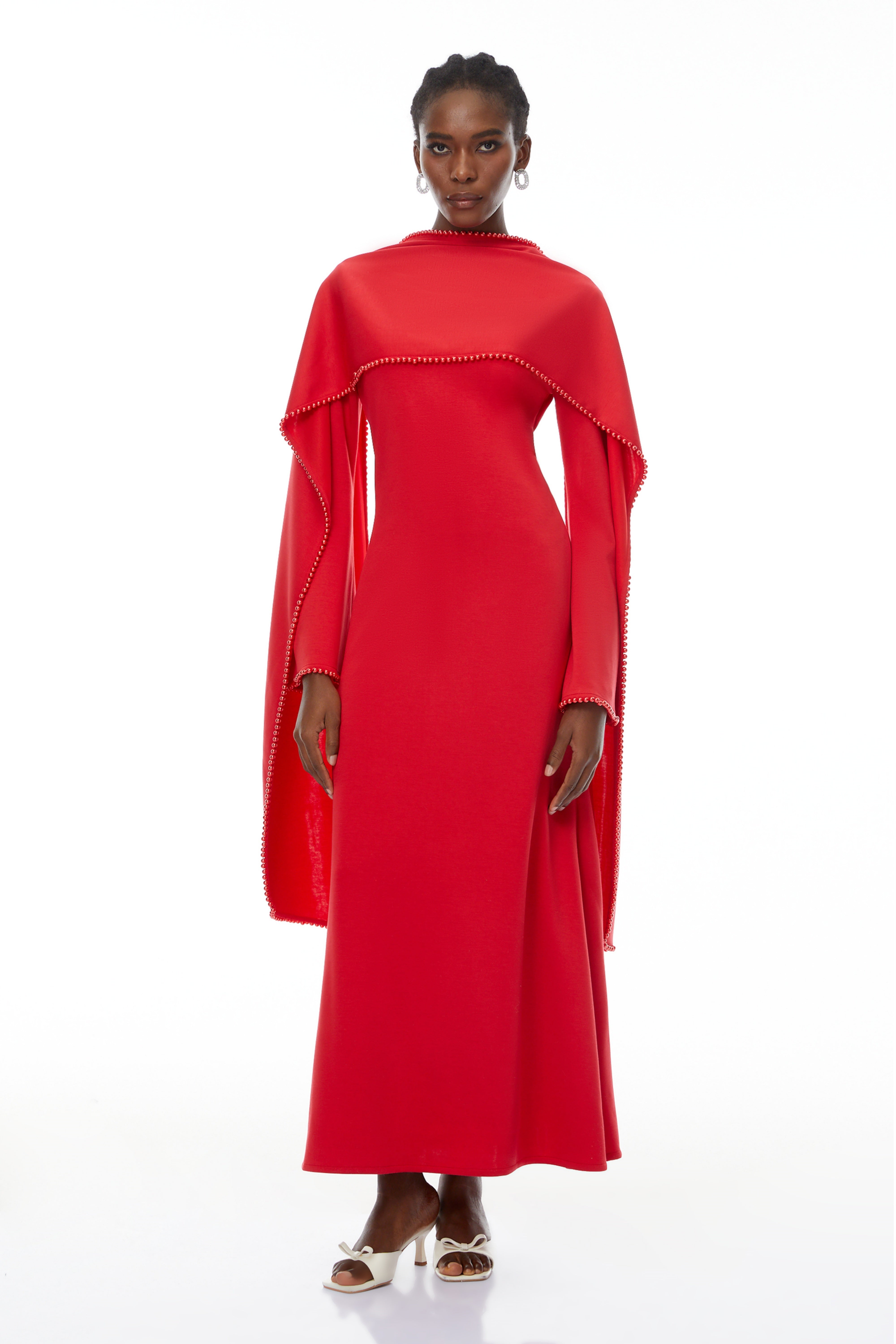 Pearl Trim Shawl Detail Maxi Dress