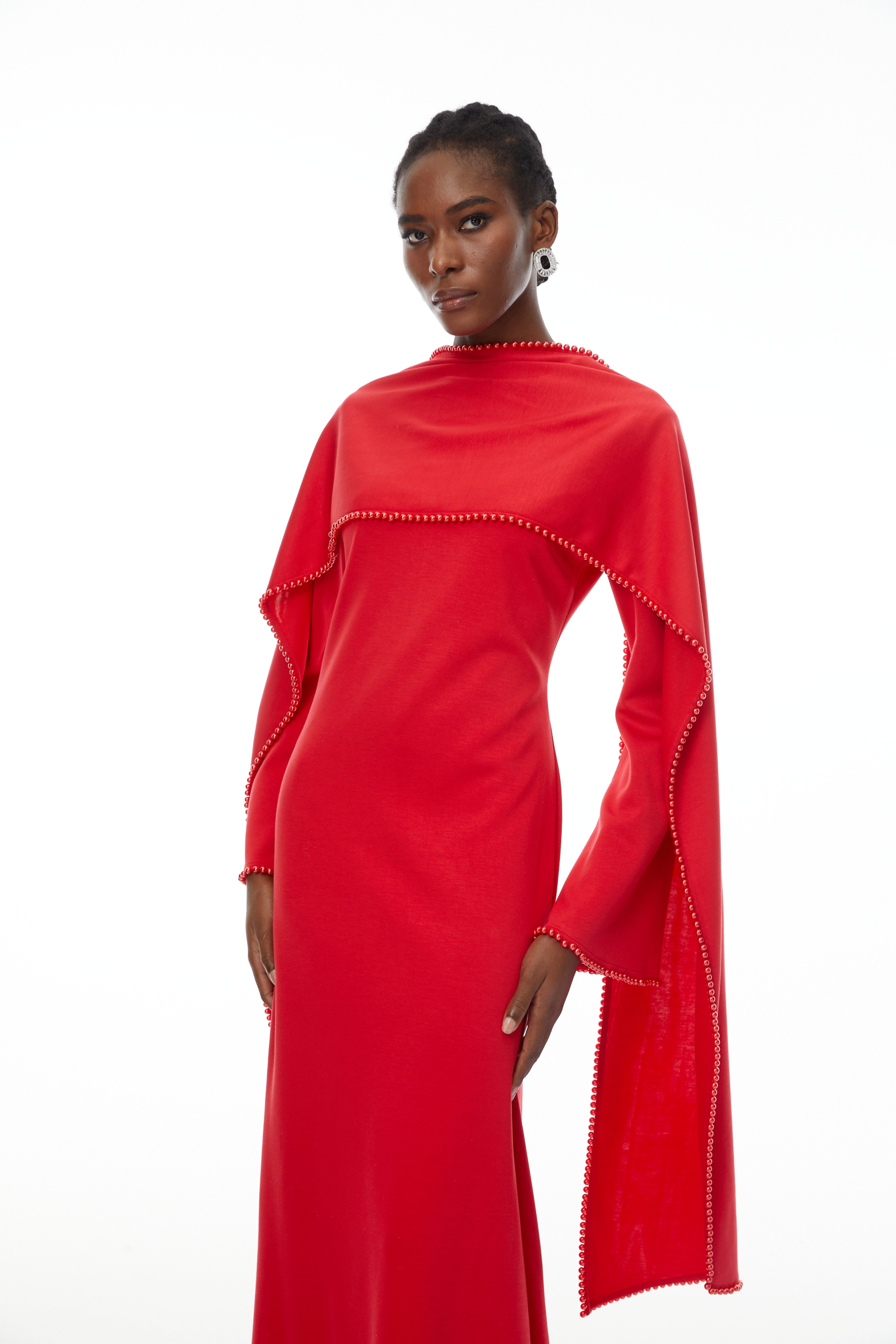 Pearl Trim Shawl Detail Maxi Dress