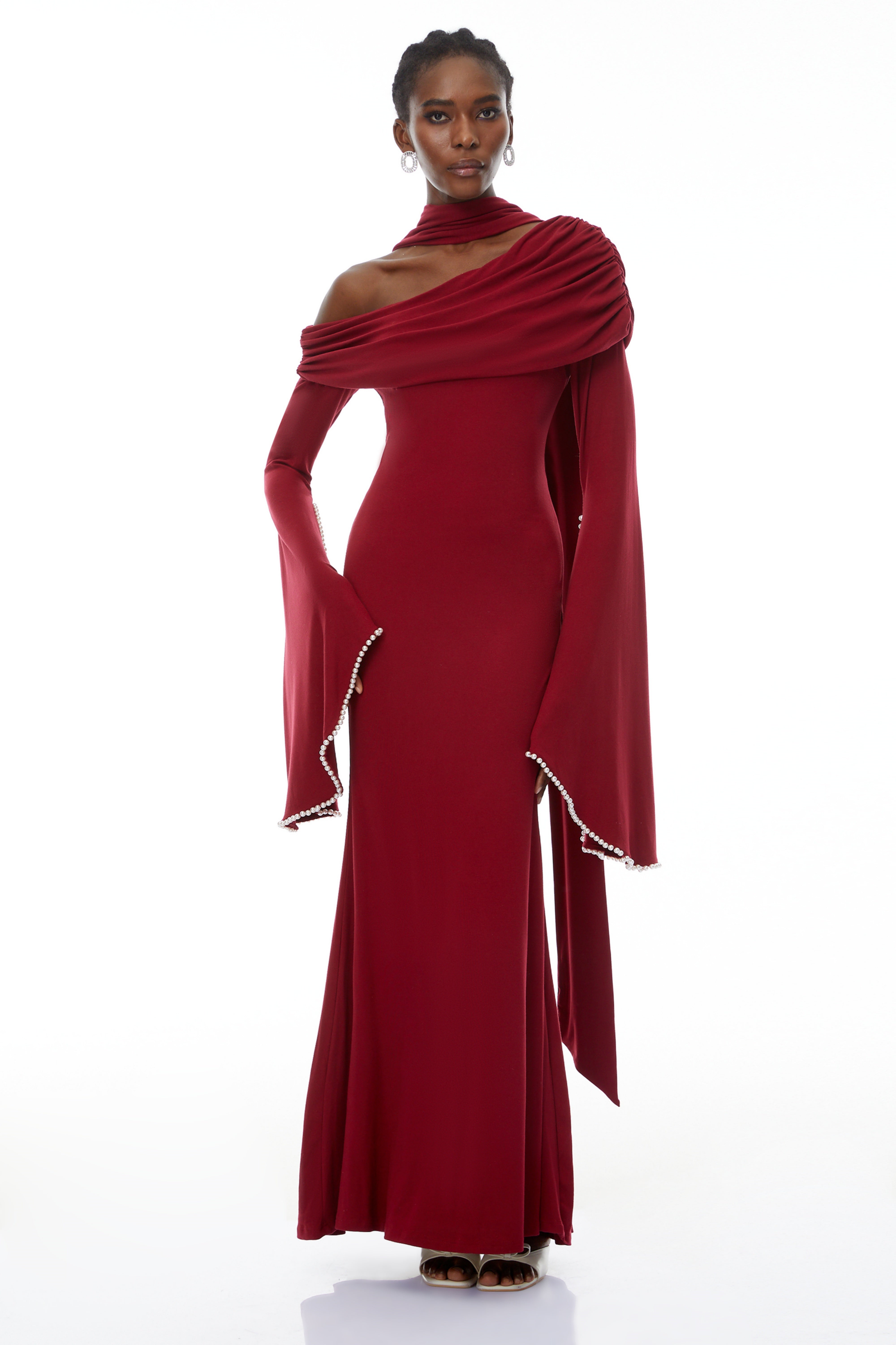 Simona Burgundy One Shoulder Pearl Trim Maxi Gown