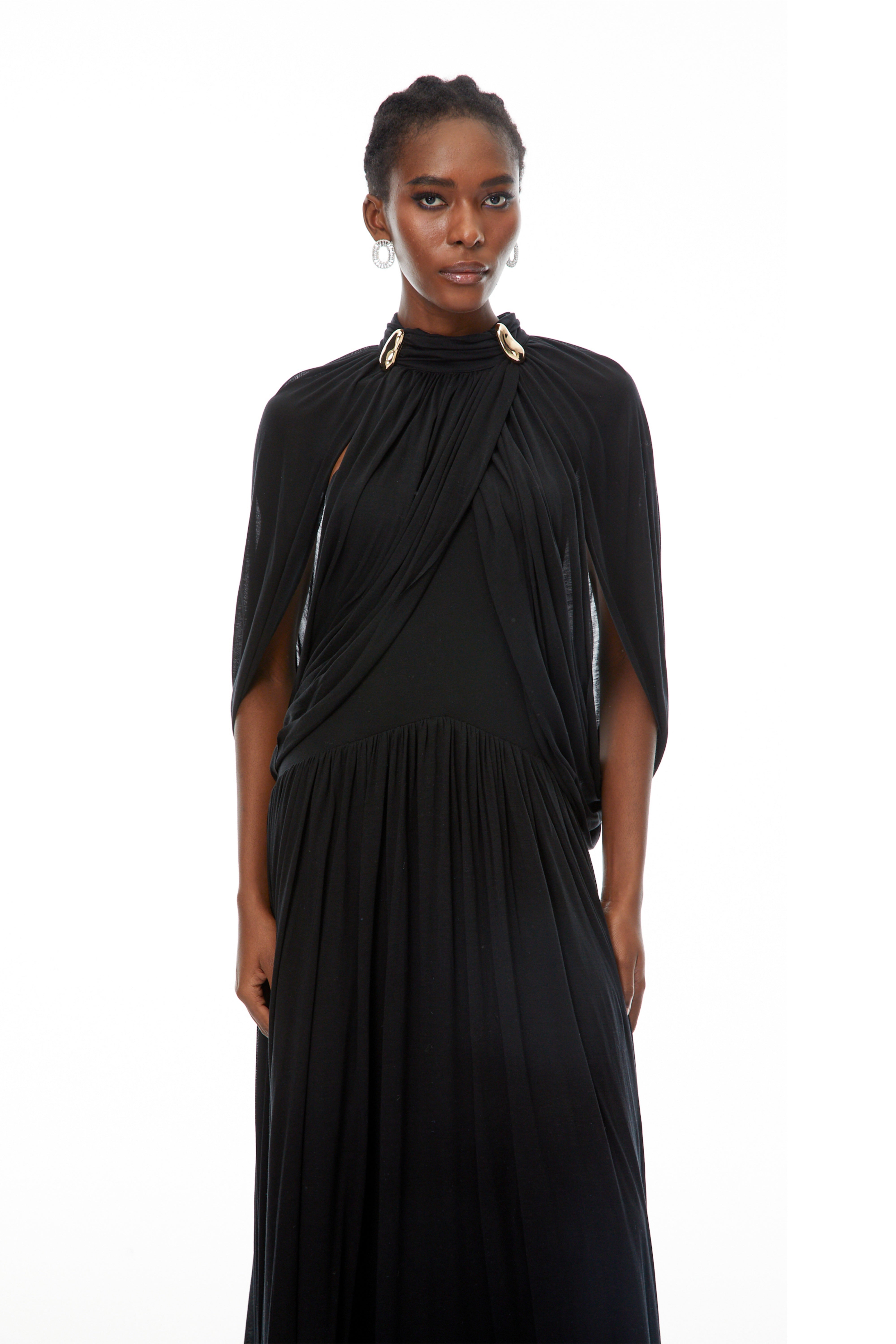 Bergljot Black Cape Design Mesh Maxi Dress