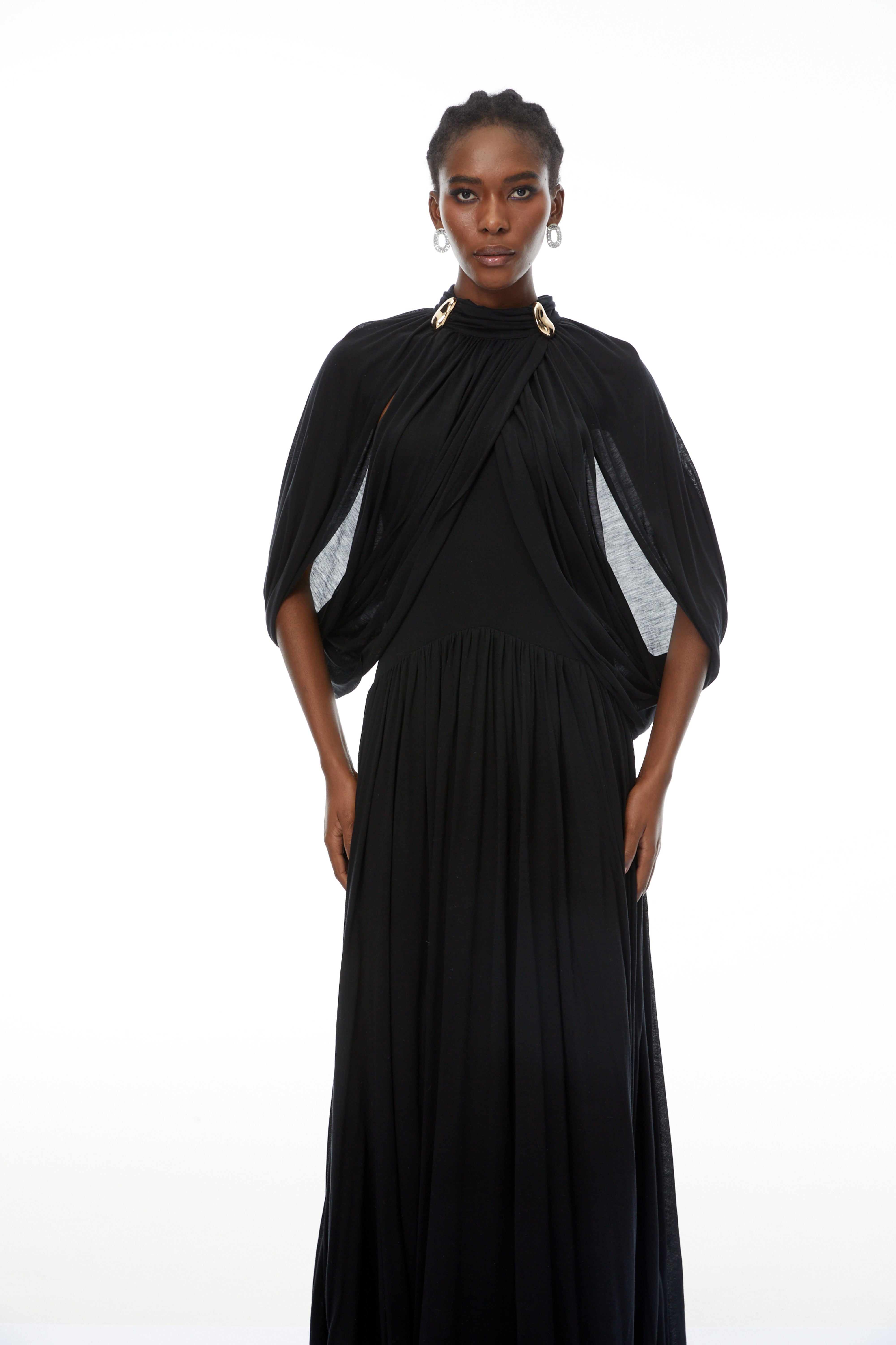 Bergljot Black Cape Design Mesh Maxi Dress