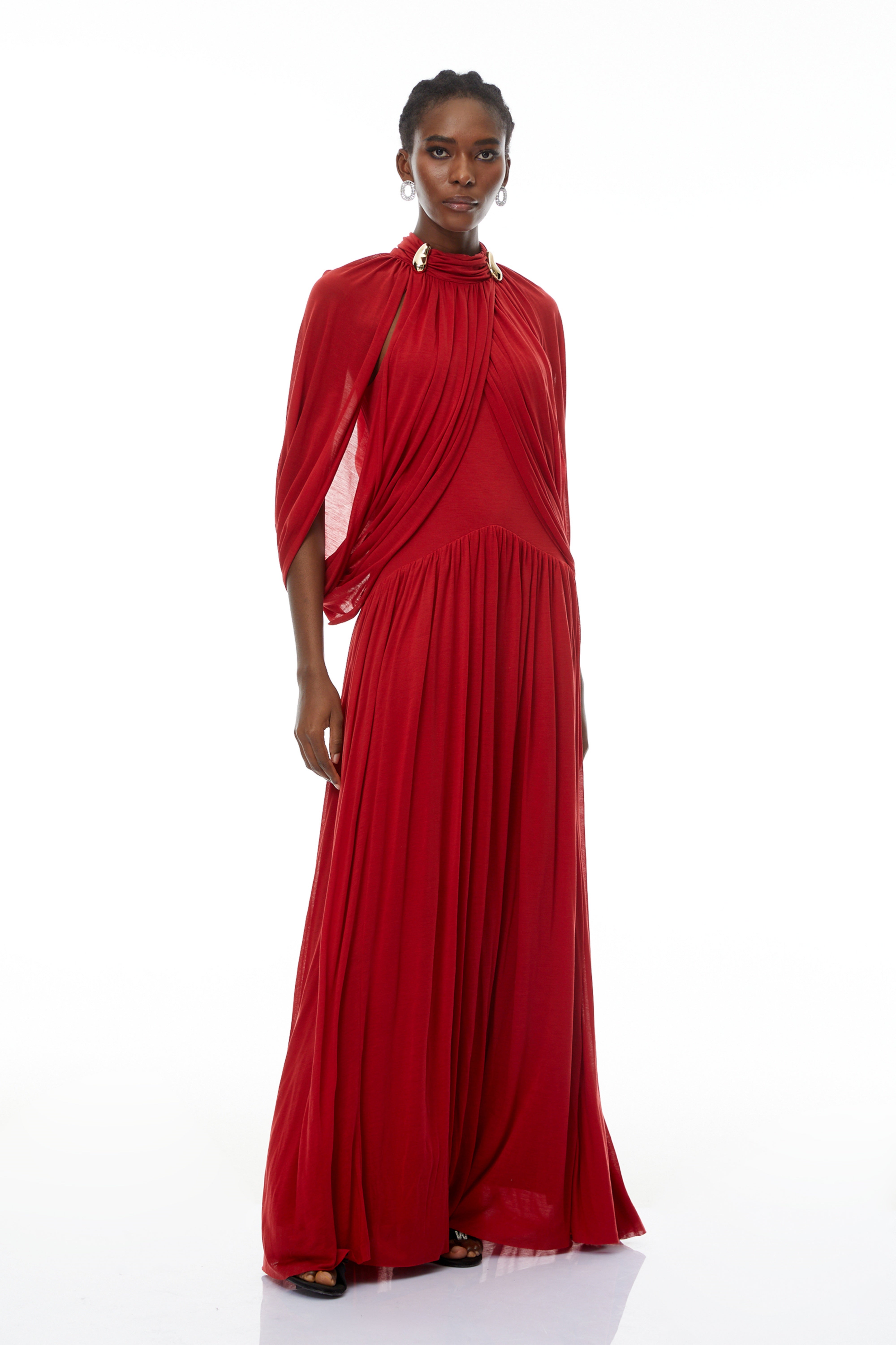 Bergljot Red Cape Design Mesh Maxi Dress
