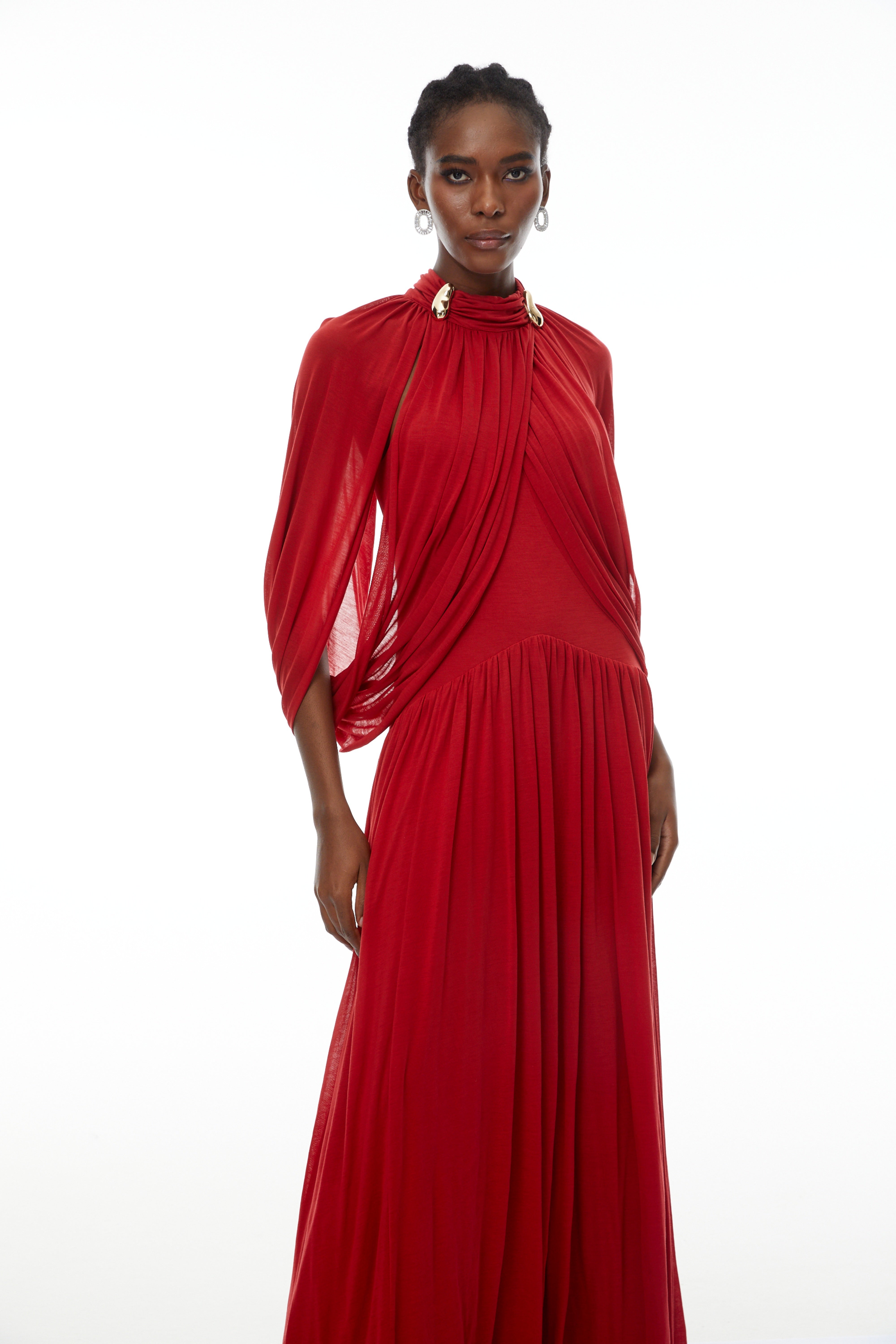 Bergljot Red Cape Design Mesh Maxi Dress