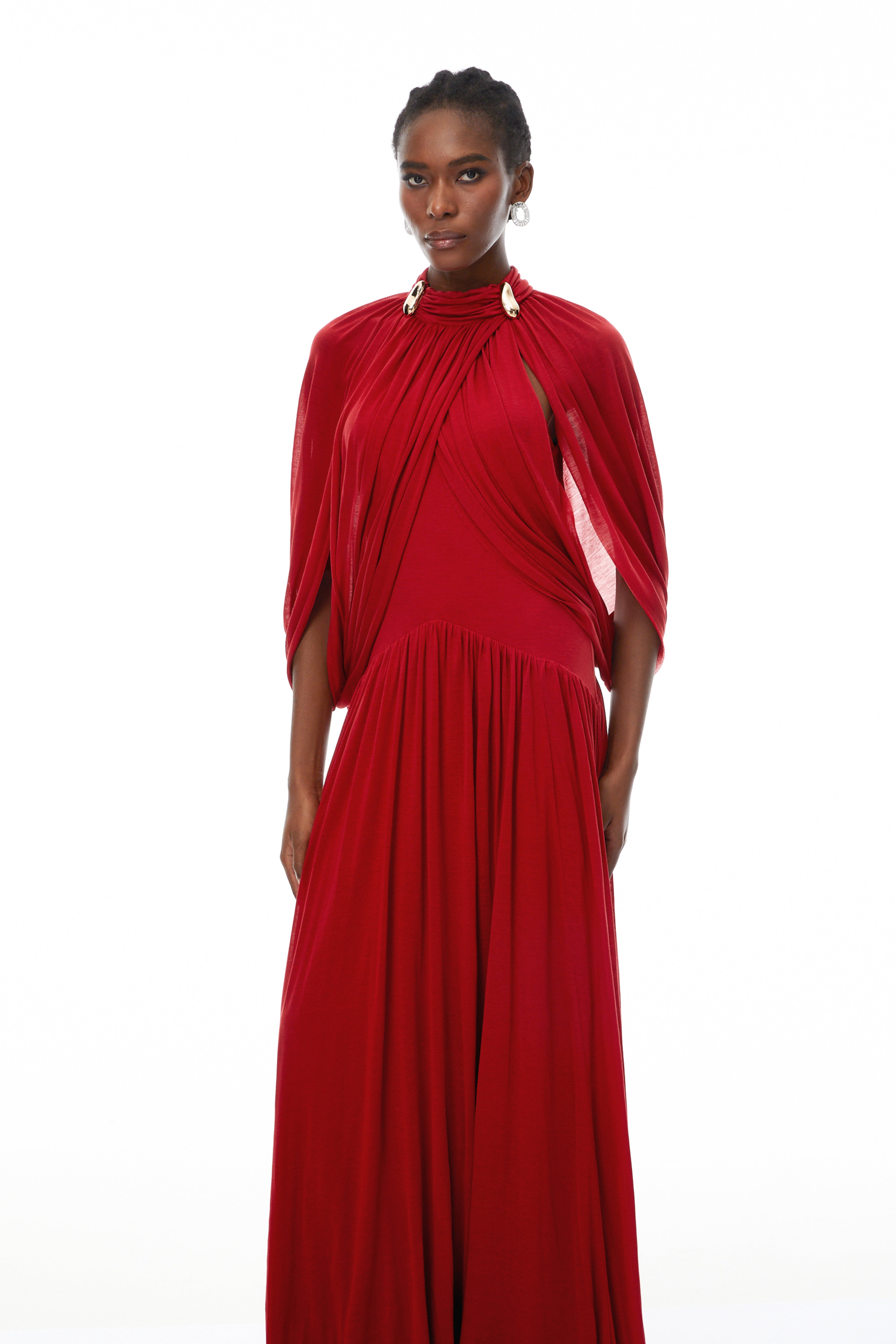 Bergljot Red Cape Design Mesh Maxi Dress