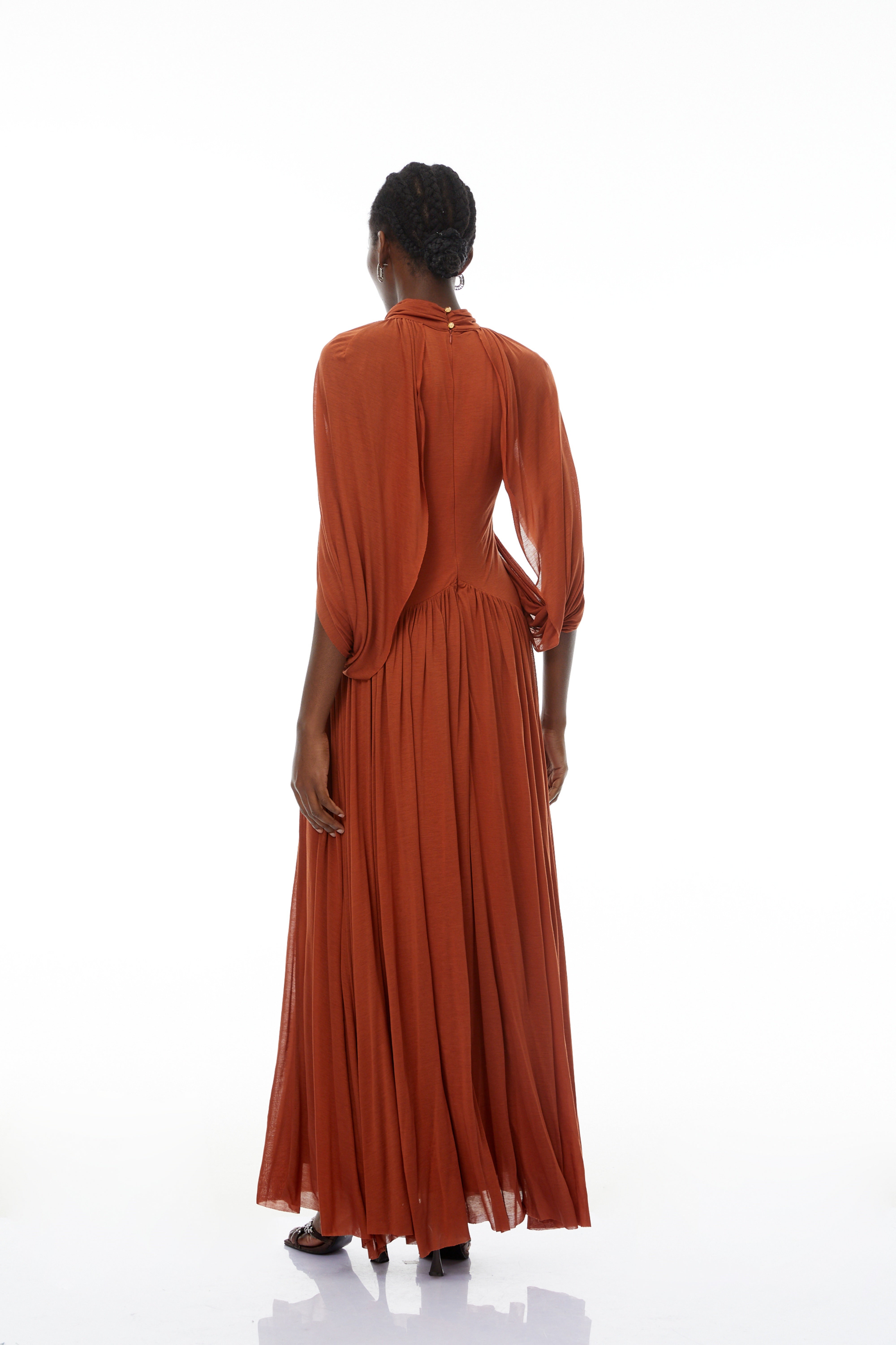 Bergljot Orange Cape Design Mesh Maxi Dress