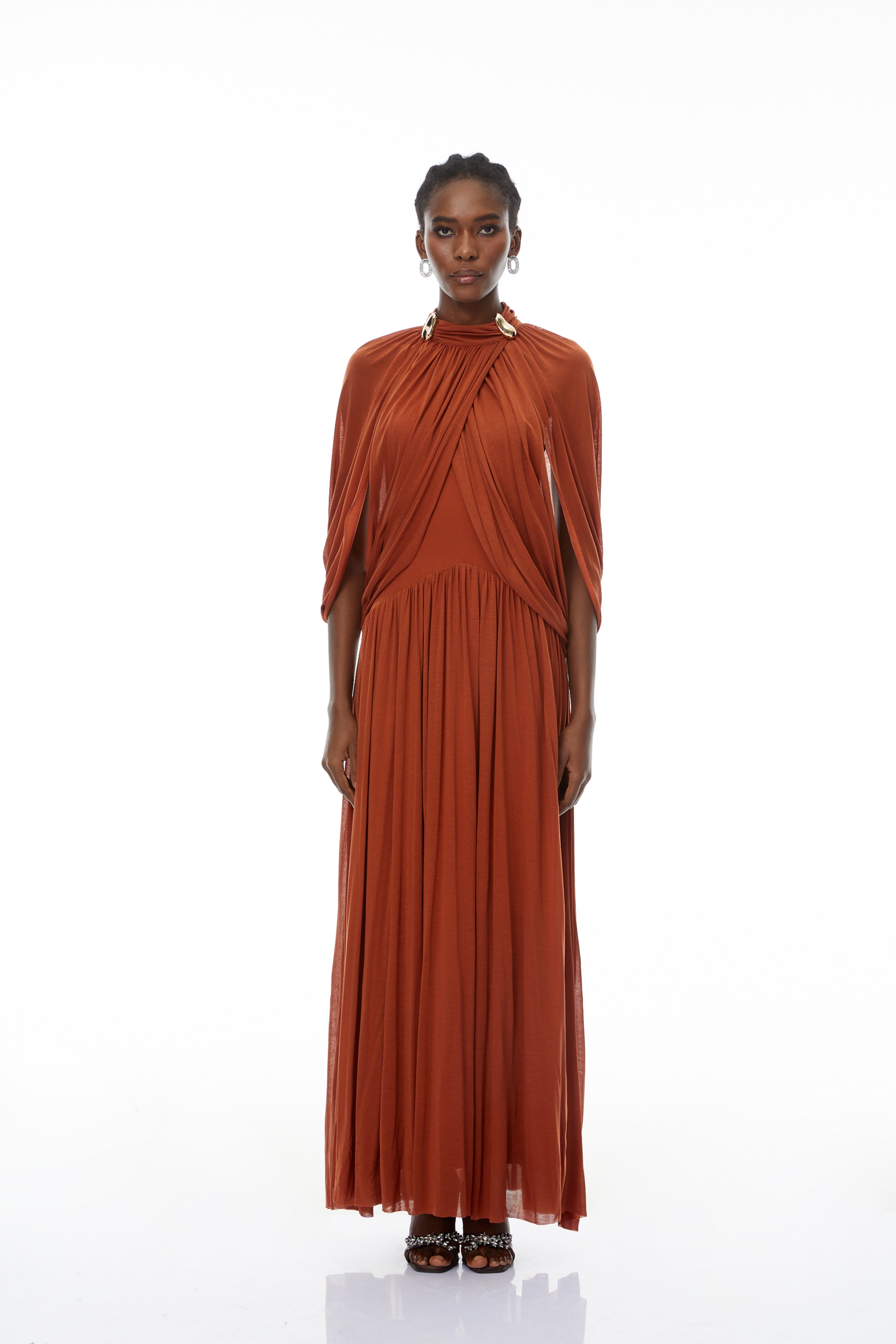 Bergljot Orange Cape Design Mesh Maxi Dress