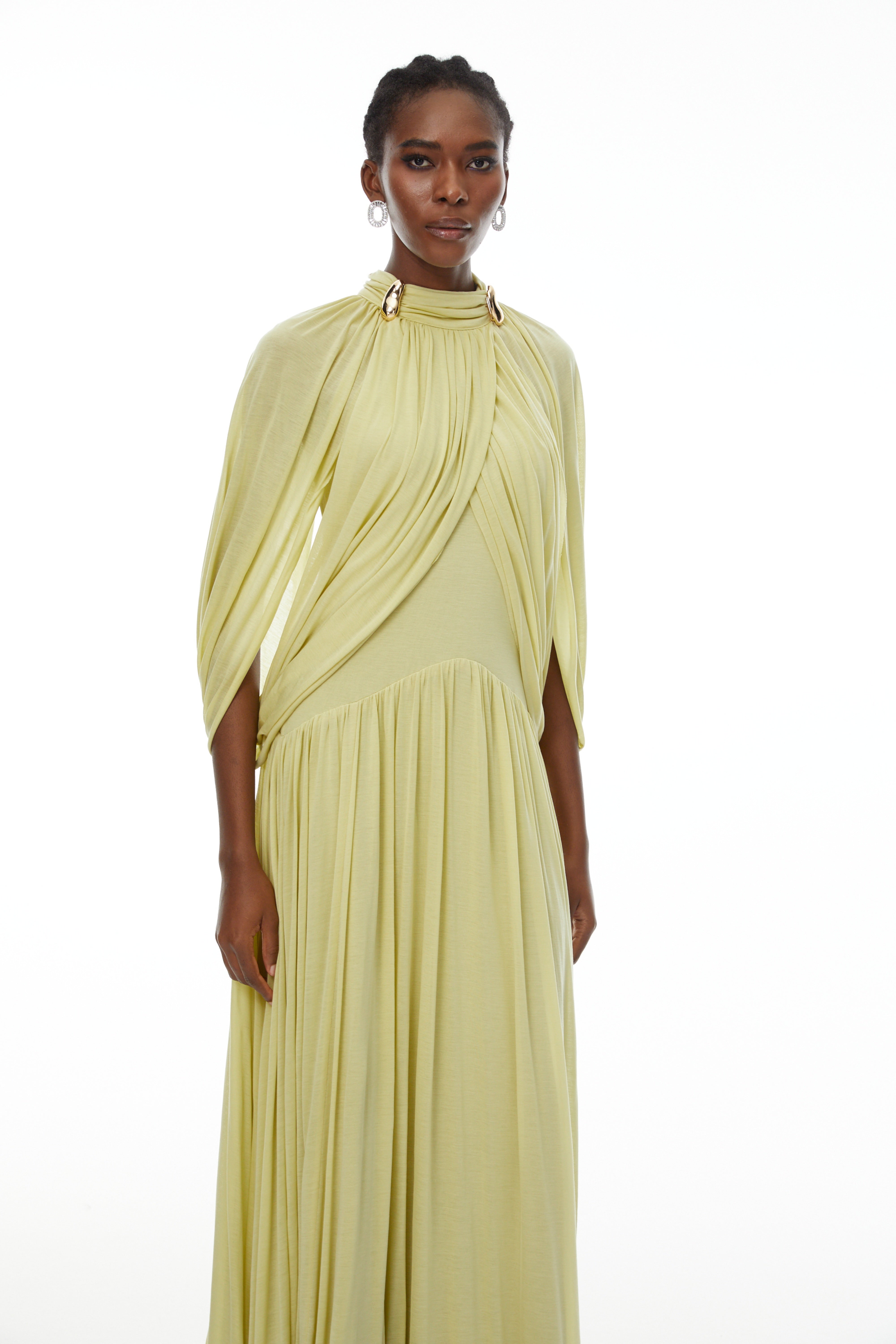 Bergljot Green Cape Design Mesh Maxi Dress