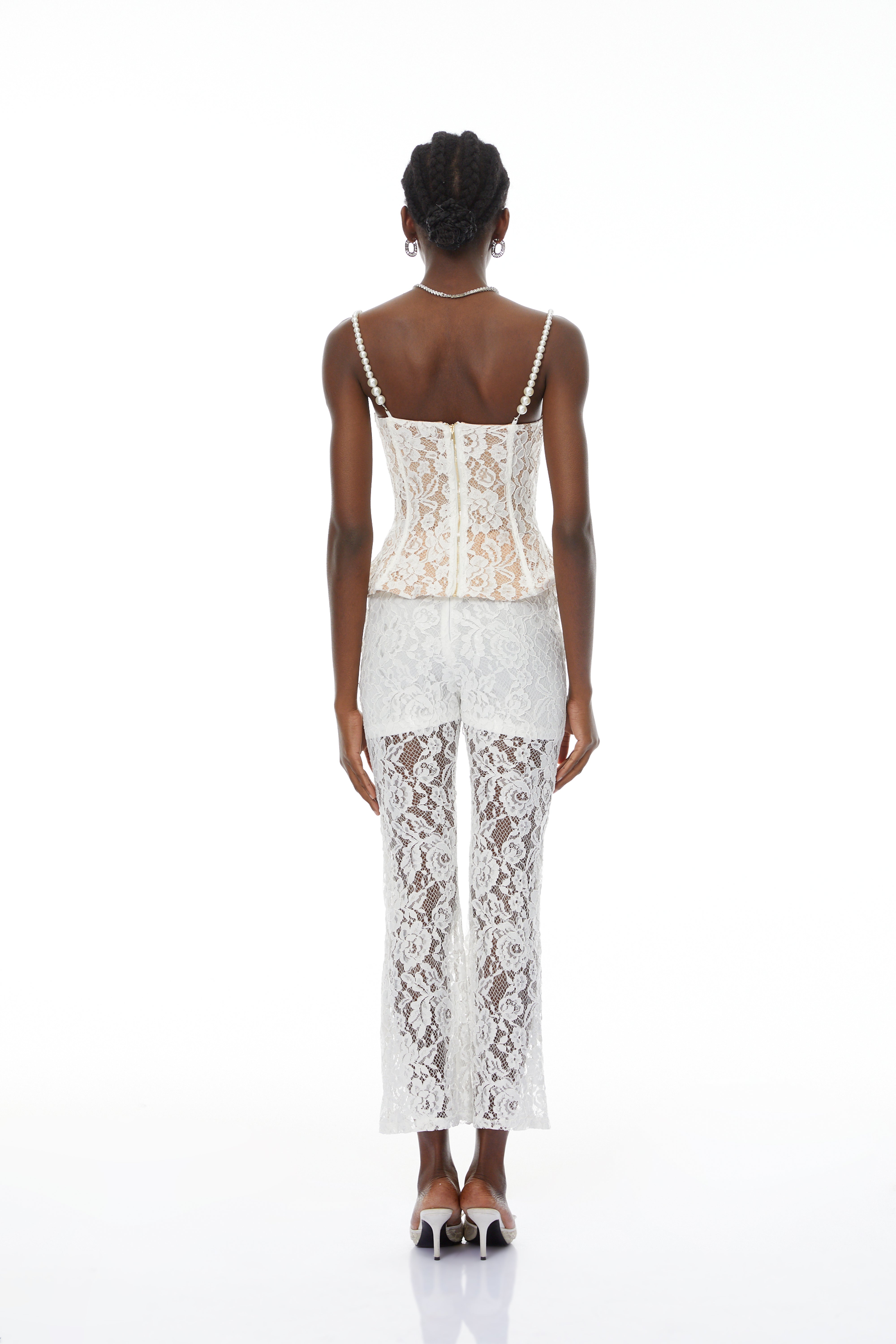 Védís White Floral Lace Top & Trousers Set
