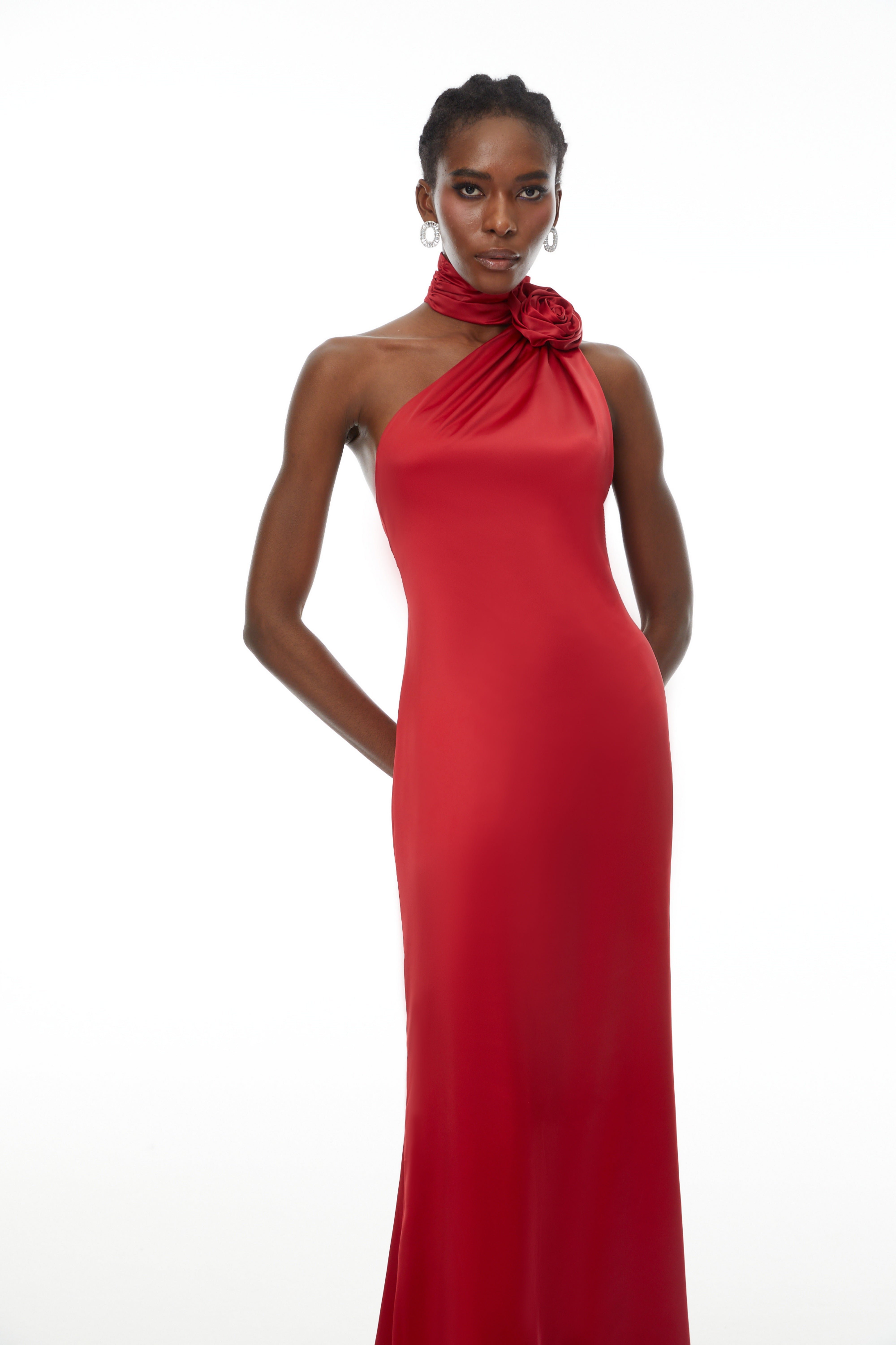 Frederica Red Halterneck 3D Petal Maxi Dress